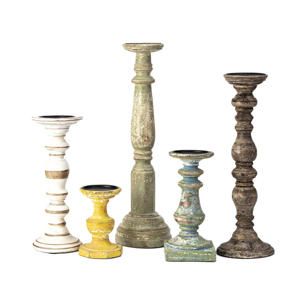 IMAX 5544-5 Set of 5 Mango Wood & Iron Distressed Candle Holders - 3 Inch Pillar Candle Stands - Rustic Home Decor for Dining Table, Wedding Centerpiece & Farmhouse Decor