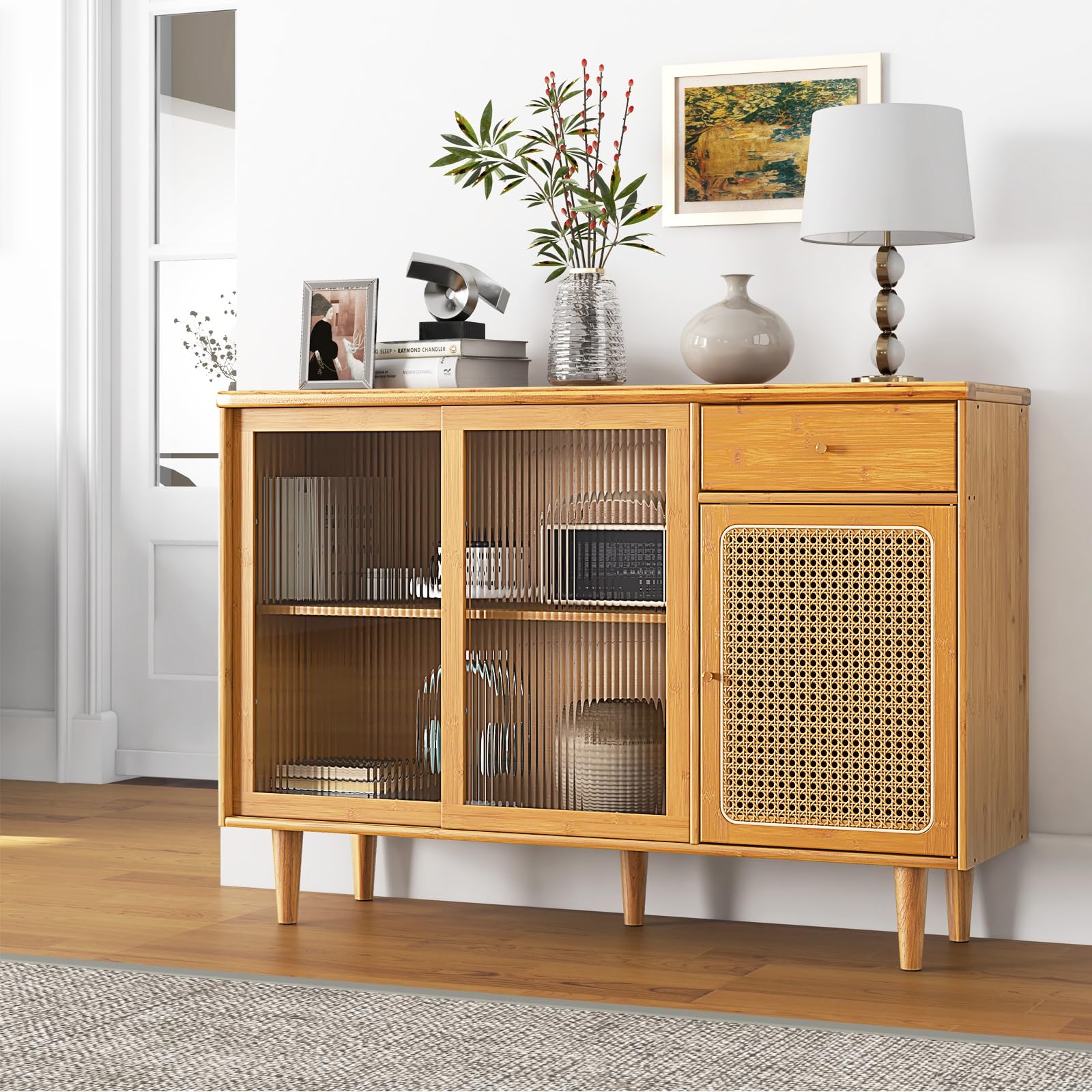 Giantex Bamboo Buffet Cabinet with Storage - Farmhouse Style Sideboard with Drawers & Rattan Glass Doors - Kitchen Cupboard, Entryway Console Table for Dining Room, Coffee Bar - Perfect for Home Decor, Entertaining & Storage Solutions
