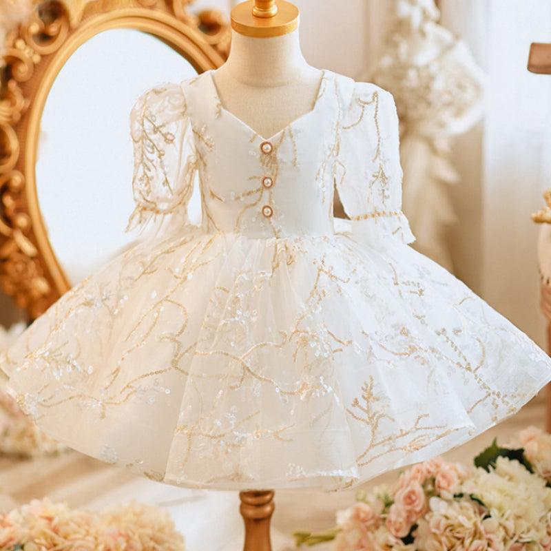 White Fluffy Baby Girl Princess Dress with Embroidery - Perfect for Birthday Parties, Photo Shoots & Special Occasions