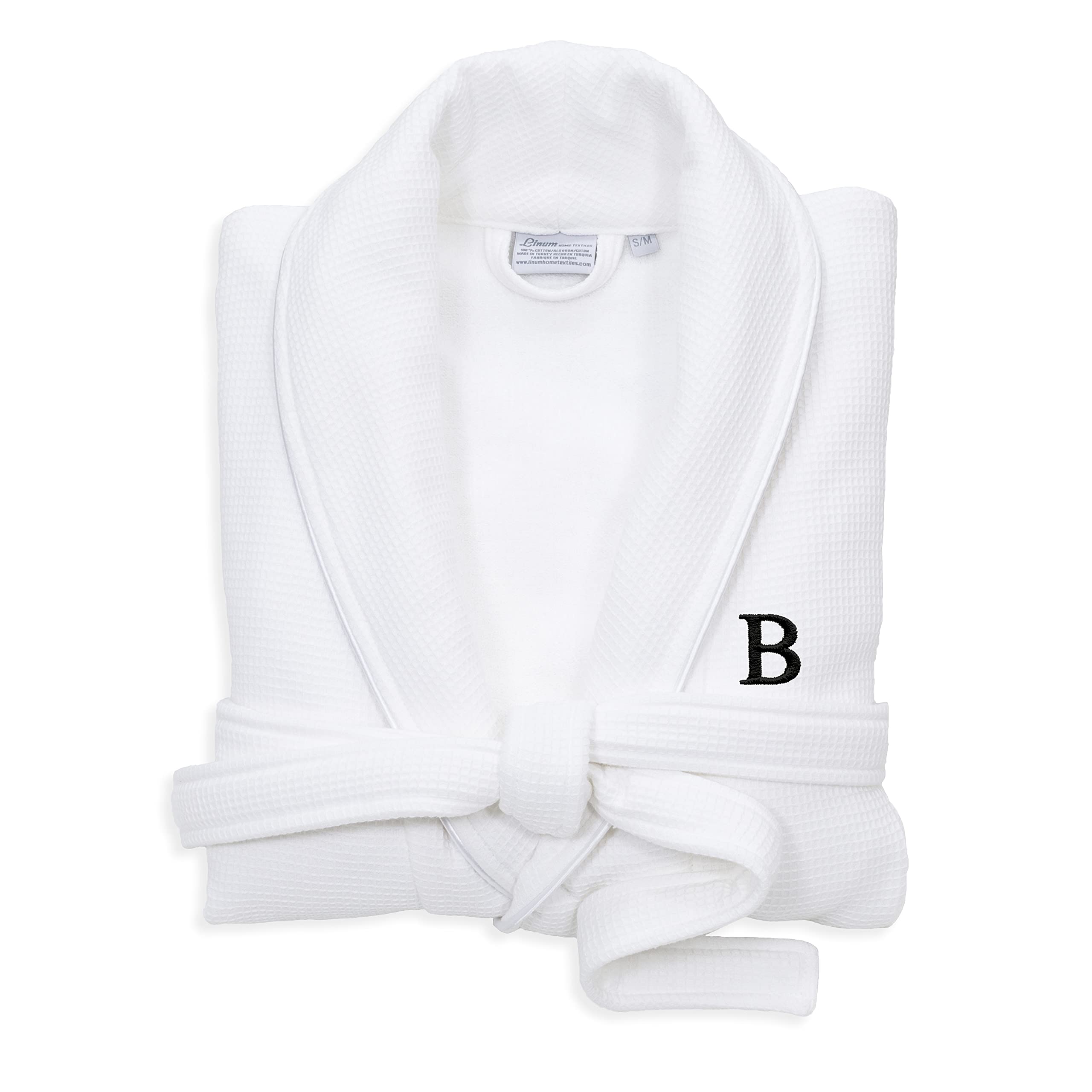 Premium White Unisex Turkish Cotton Waffle Weave Terry Bathrobe with Black Monogram - Soft & Absorbent - Sizes Q L-XL - Perfect for Spa, Hotel, and Home Relaxation