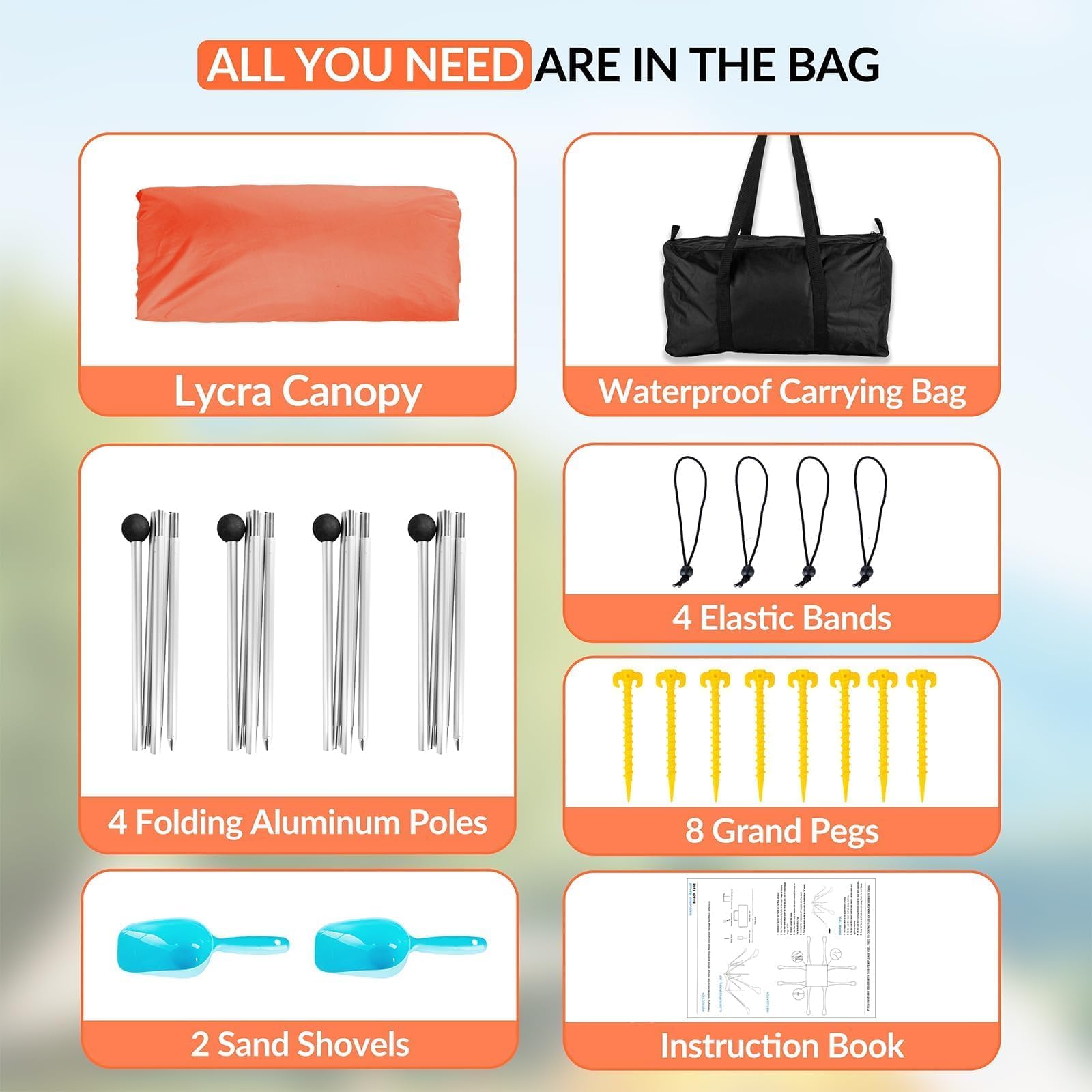 Gardentime Pop Up Beach Tent with 8 Sandbags & 4 Aluminum Poles - Portable Sun Shelter for Camping, Easy Setup Includes 2 Sand Shovels, Ground Pegs & Carrying Bag - Perfect for Outdoor Beach Trips, Picnics, Fishing and Family Vacations