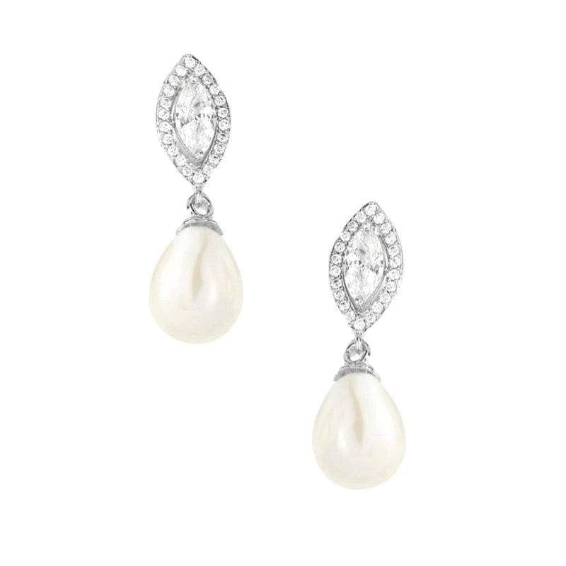 Elegant Crystal and Pearl Drop Wedding Earrings in Silver 7553 - Perfect for Bridal, Prom, and Formal Occasions