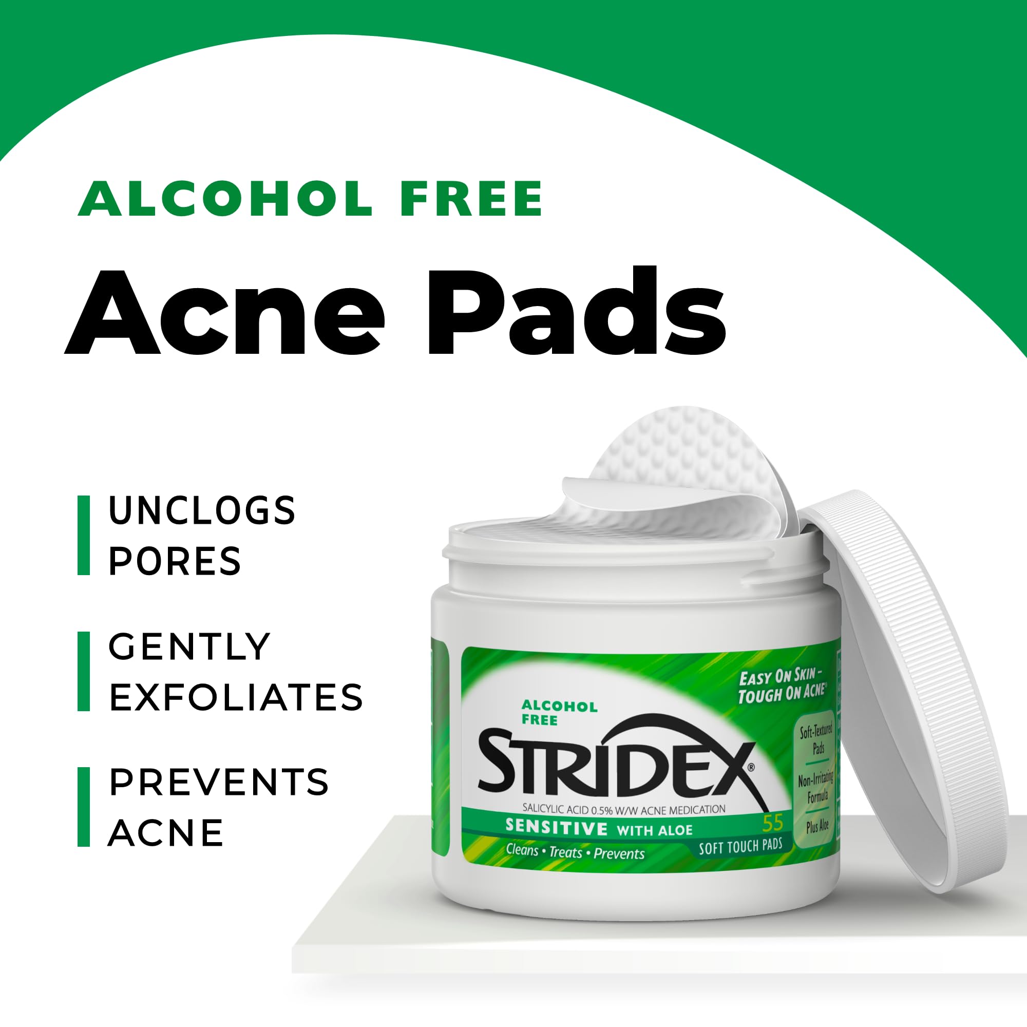 Stridex Medicated Acne Pads for Sensitive Skin - 55 Count Alcohol-Free Facial Cleansing Wipes, Mild to Moderate Acne Treatment with Smooth Application - Perfect for Daily Skincare Routine & On-the-Go Use