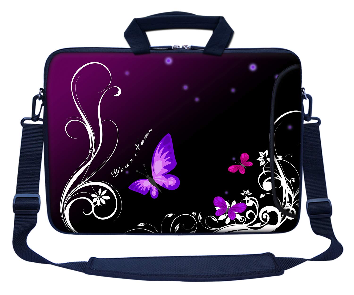 Custom Personalized Laptop Bag with Side Pocket & Shoulder Strap for Notebook Ultrabook Chromebook 15.6 Inch - Dark Purple Butterfly Design with Name Embroidery | Perfect for Work, School & Travel Accessories