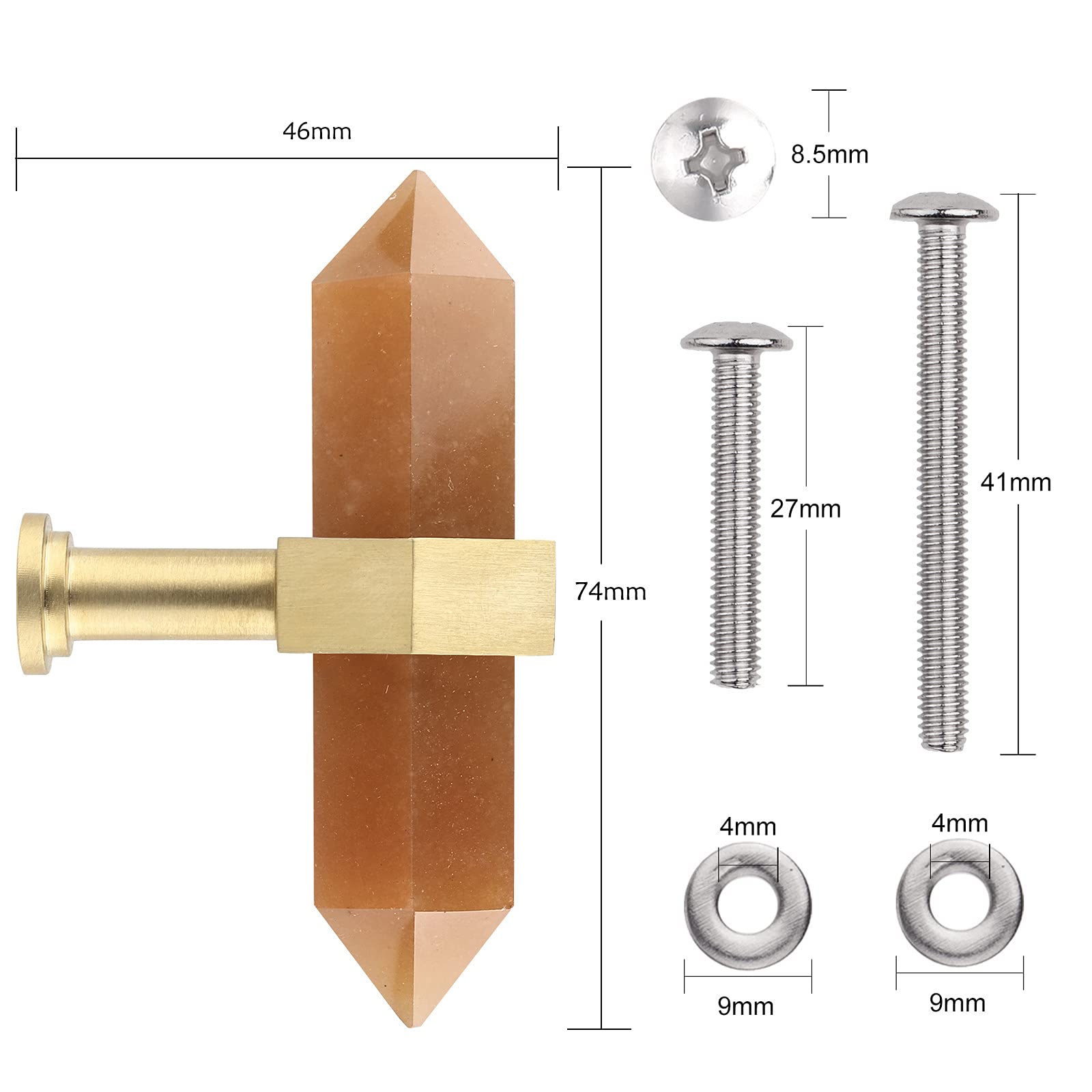 Red Aventurine Crystal Drawer Knobs Set of 2 - Brushed Brass Cabinet Handles for Kitchen & Dresser Decor