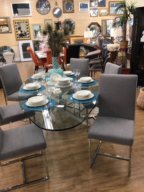 6 Modern Grey Upholstered Dining Chairs with Chrome Legs - Comfortable Kitchen & Dining Room Seating for Family Gatherings & Dinner Parties
