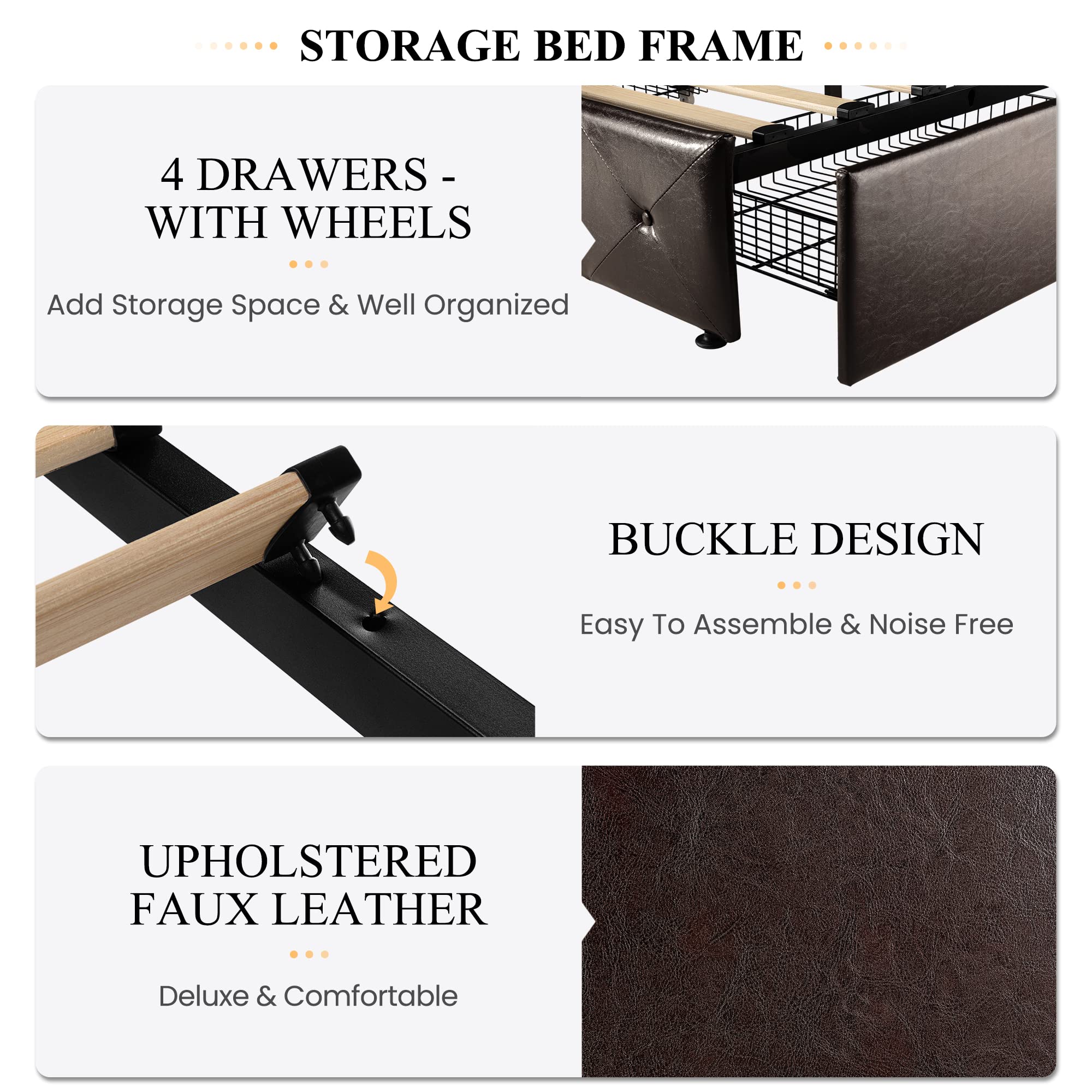 SHA CERLIN Upholstered King Size Platform Bed Frame with 4 Storage Drawers - Adjustable Diamond Stitched Headboard, Wooden Slat Support, No Box Spring Needed (Black Brown) - Perfect for Master Bedroom, Guest Room & Small Space Storage Solutions