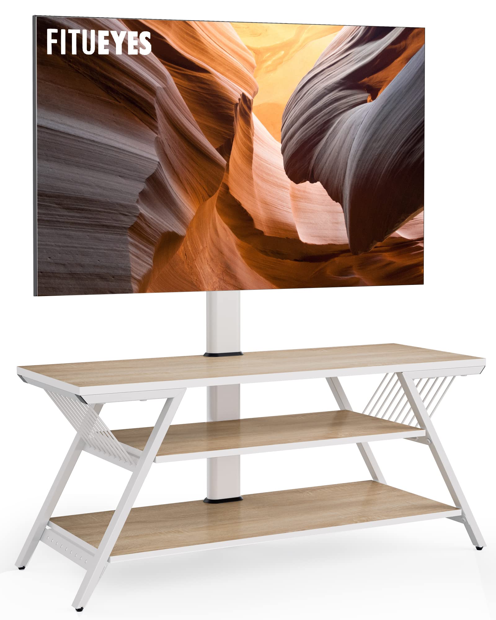 FITUEYES White TV Stand with Mount - 3 Tier TV Cabinet for 32-65 Inch TVs, Open Storage & Height Adjustable, Compatible with LCD/LED Flat/Curved Screens (Max VESA 600x400mm) - Perfect for Living Room, Bedroom & Home Theater Setup