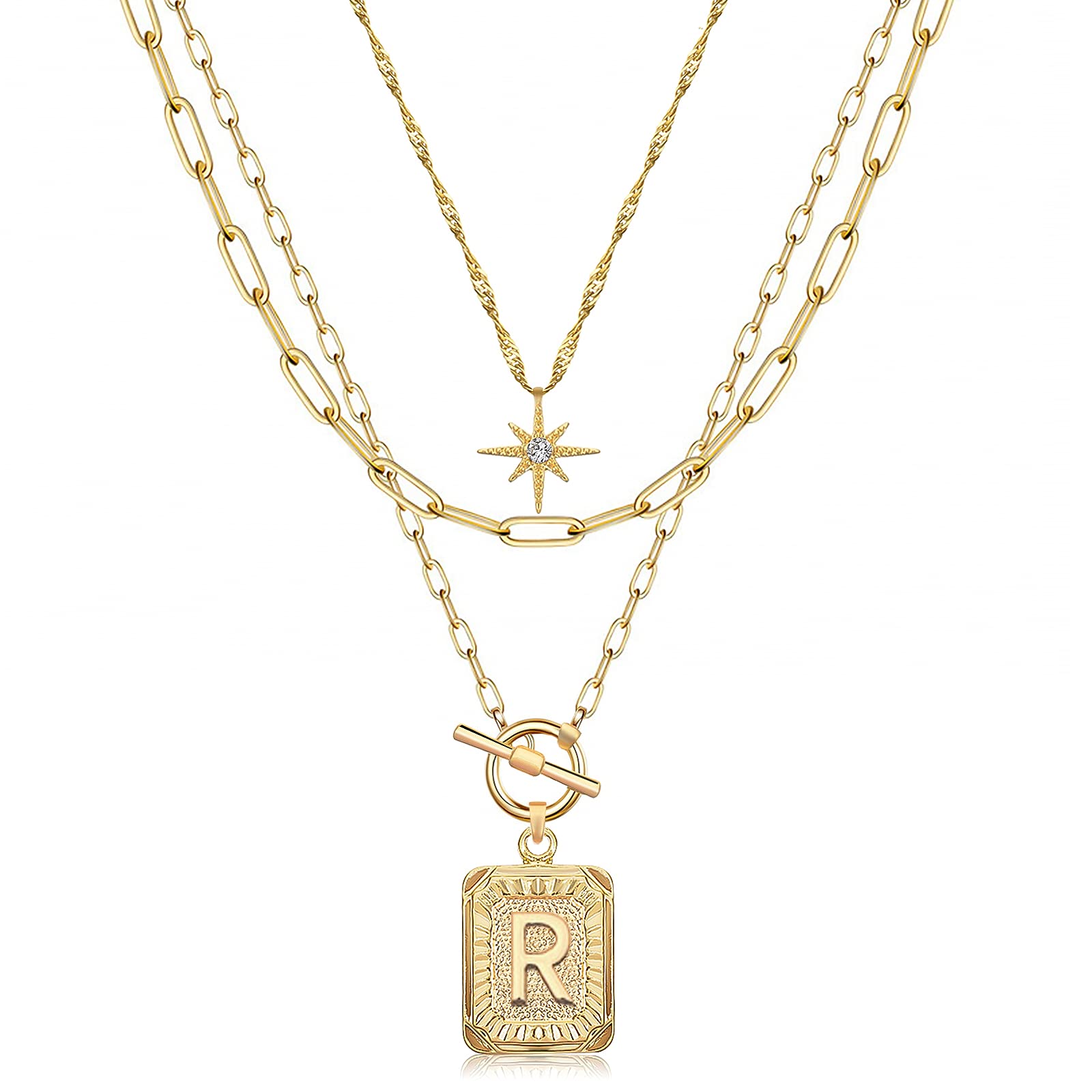 MJartoria 14K Gold Plated Layered Initial Necklace for Women - Trendy Star Choker with Square Letter Pendant & Paperclip Chain - Elegant Gold Necklace Jewelry Gift for Birthday, Anniversary & Valentine's Day
