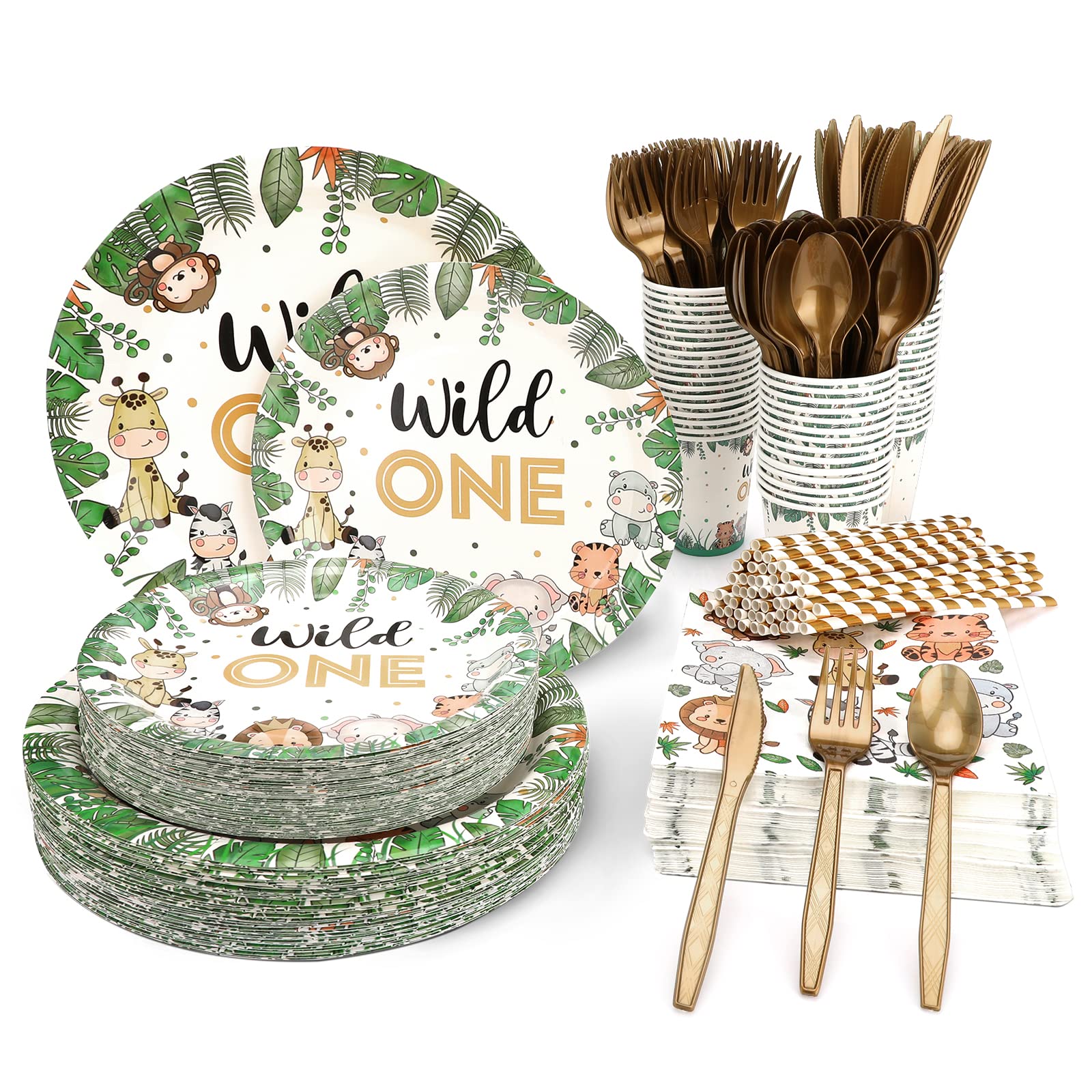 240-Piece Wild One 1st Birthday Party Decorations Set - Jungle Theme Tableware for 30 Guests Including Plates, Cups, Napkins & Straws (30-Pack) - Perfect for Baby's First Birthday, Safari Themed Parties & Animal Print Celebrations