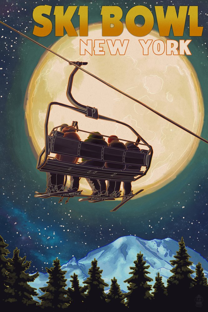 12x18 Ski Bowl New York Ski Lift Full Moon Wall Art Poster - Winter Landscape Decor for Living Room, Bedroom & Office