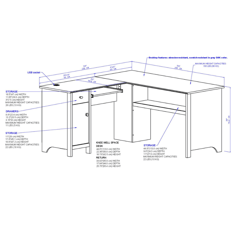L-Shaped Office Desk with USB Charging Port - Grey Oak & White Home Office Computer Workstation for Study, Gaming & Remote Work