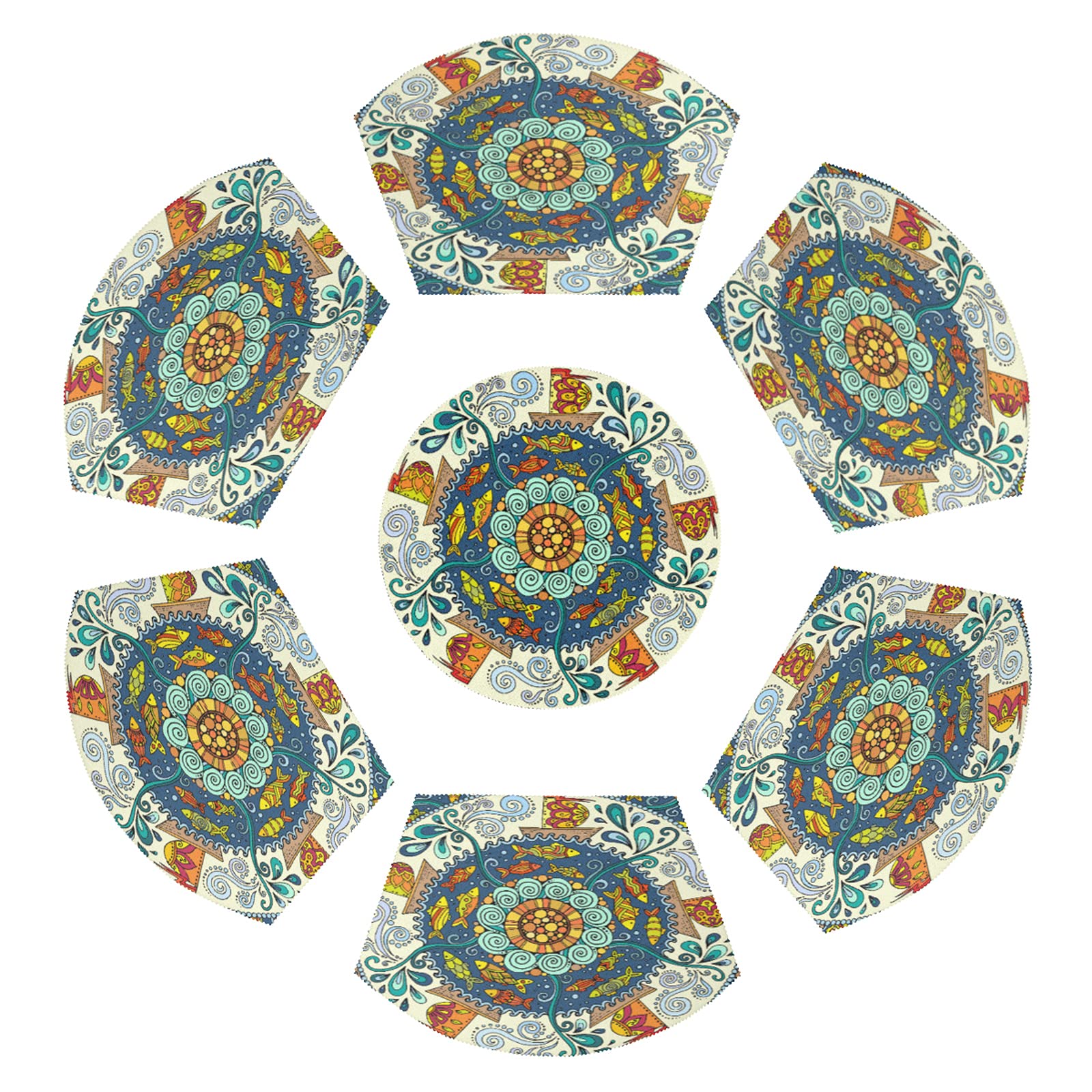 Ethnic Style Round Table Placemats Set of 7 - Washable & Heat Resistant Kitchen Dining Mats - Easy to Clean for Daily Use, Parties & Holiday Gatherings