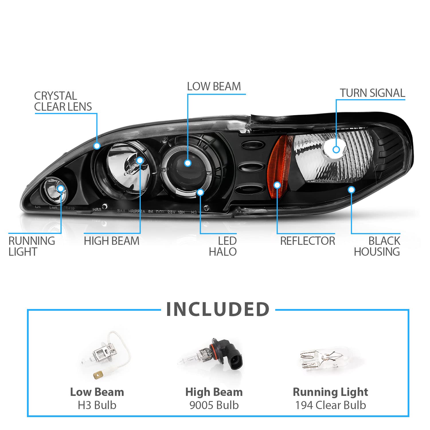AmeriLite 1 Pair Halo Projector Headlights - Black Amber LED Lights for Ford Mustang (Driver & Passenger Side) | Upgrade Car Lighting for Night Driving & Custom Styling