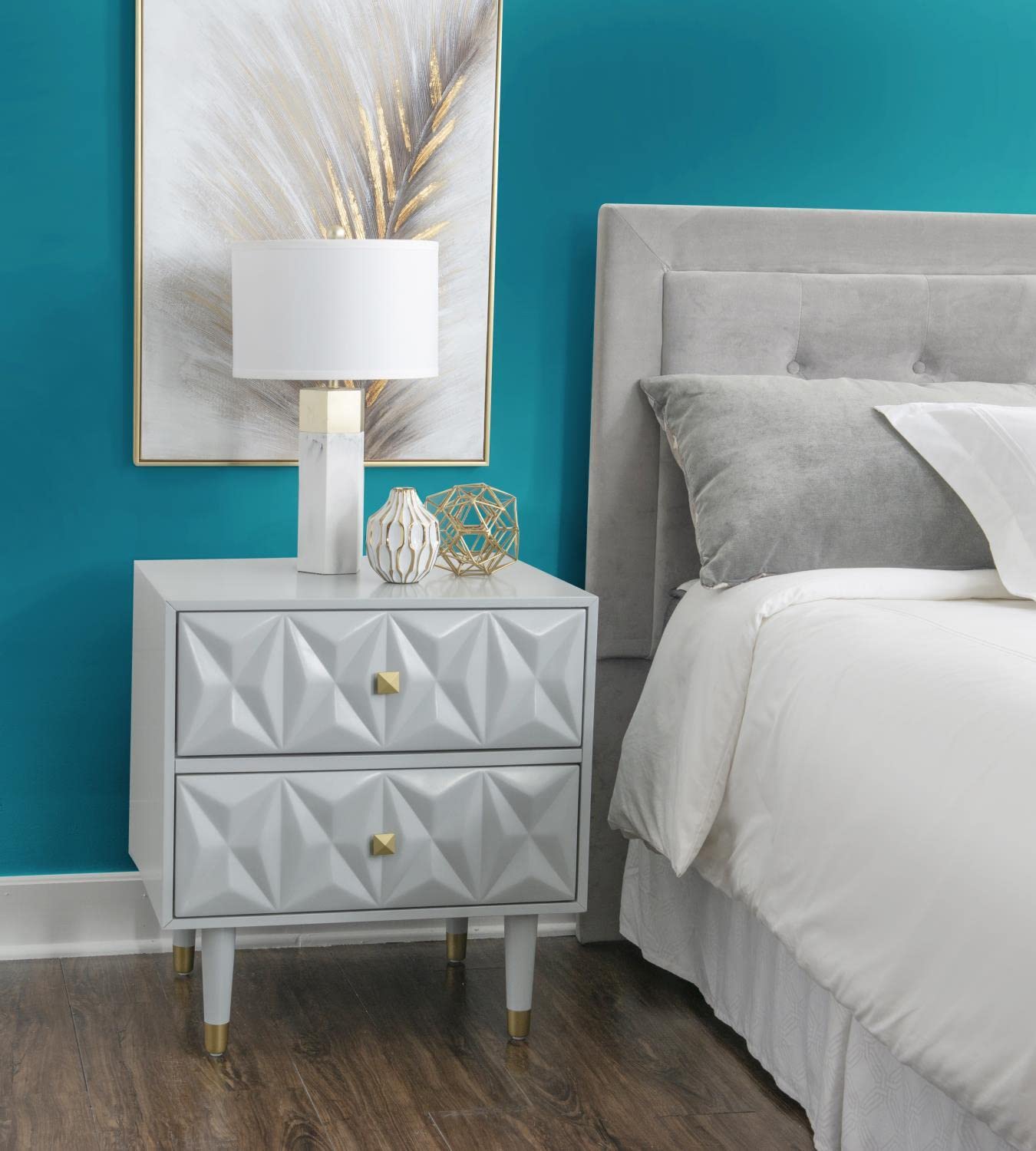 Linon Two Drawer Geo Texture Nightstand Grey - Modern Bedside Table for Bedroom, Living Room & Office - Compact Storage Solution with Sleek Design