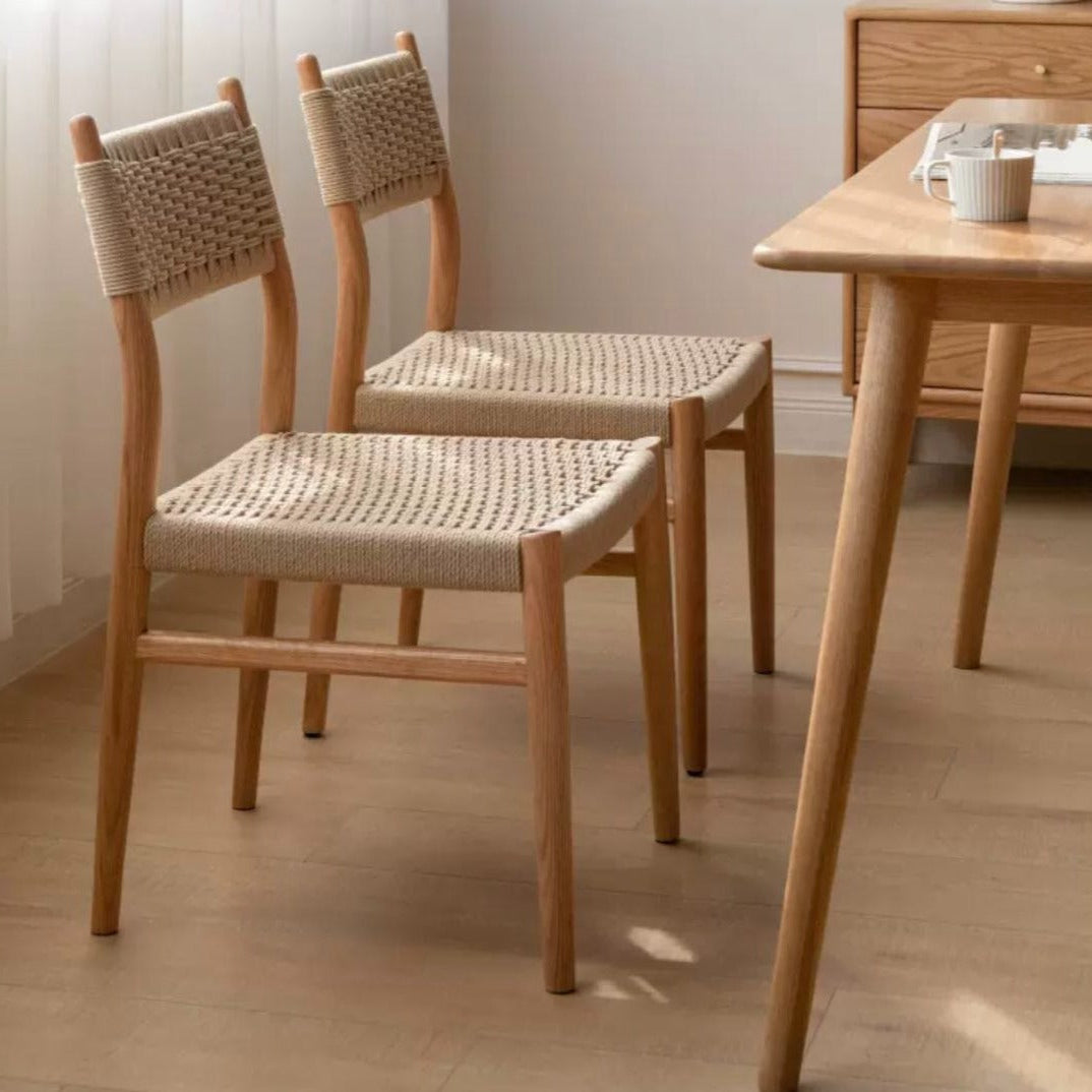 Solid Oak & Cherry Wood Rope Dining Chair - Rustic Farmhouse Style for Kitchen, Dining Room, and Outdoor Patio Seating
