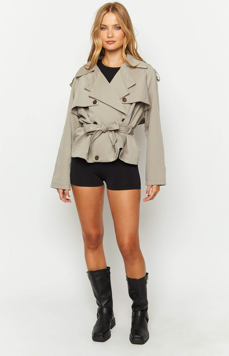 Azura Grey Cropped Trench Coat for Women - Stylish Water-Resistant Lightweight Jacket for Spring & Fall - Perfect for Office, Travel and Casual Outfits