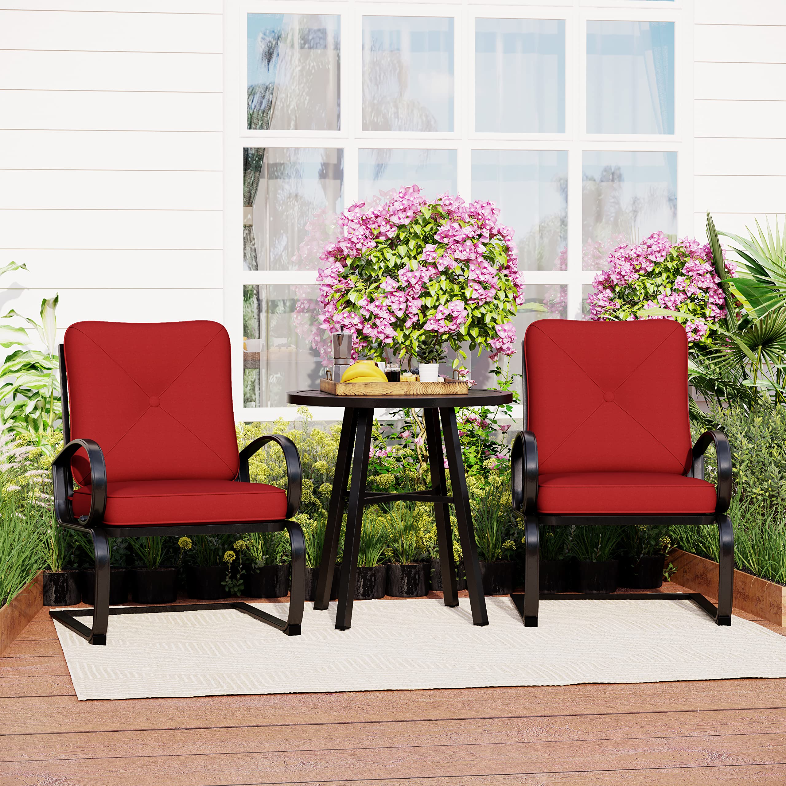 MFSTUDIO 3-Piece Patio Bistro Set - Outdoor Dining Furniture with 2 Spring Motion Chairs & 1 Metal Coffee Table - Burgundy Red Garden Conversation Set for Backyard, Lawn, Deck or Poolside Relaxation
