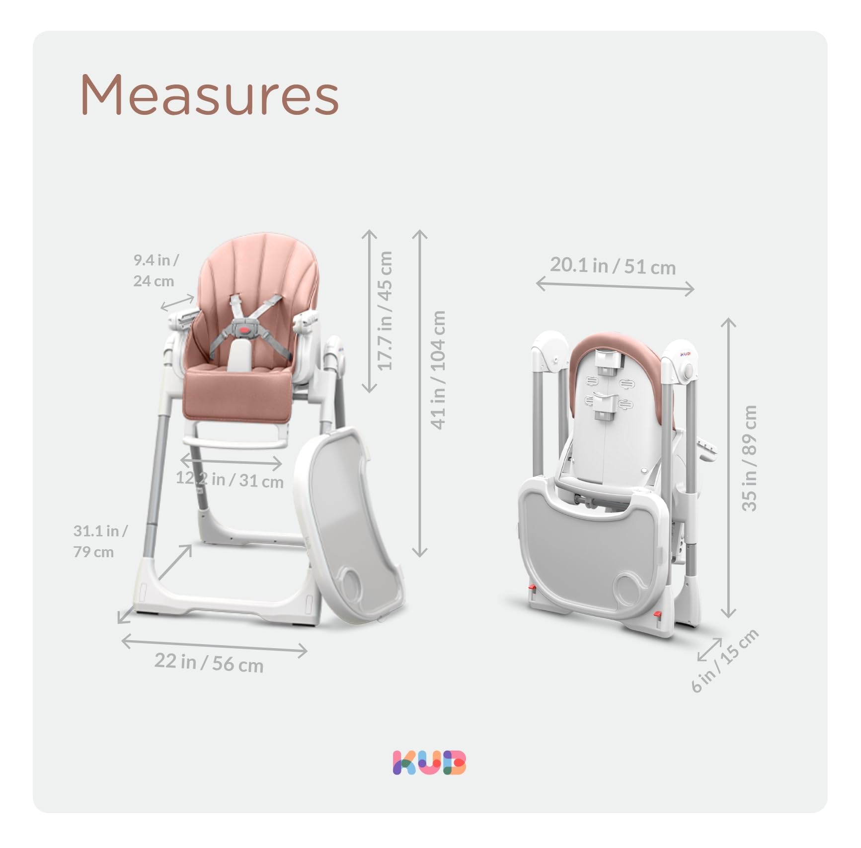 KÜB 3-in-1 Foldable Baby High Chair with 7 Height & 4 Recline Adjustments | Removable Washable Seat & Tray | 2 Locking Wheels | Multi-Functional Infant Highchair for Babies & Toddlers (Pink) | Perfect for Dining, Feeding & Playtime at Home or Travel