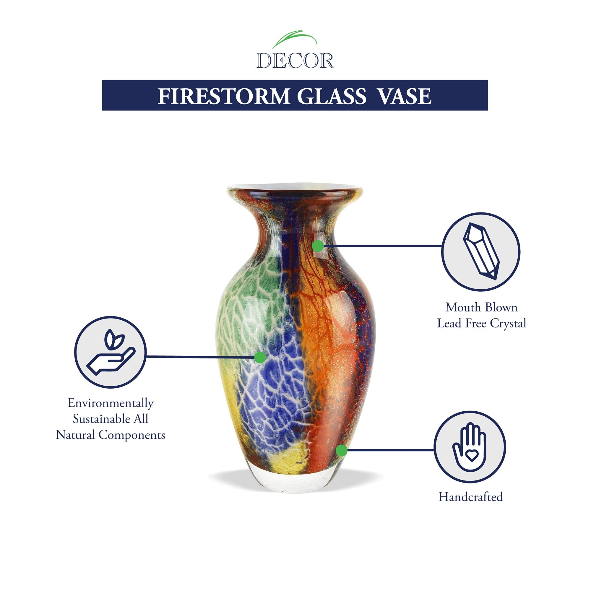 Badash Firestorm Murano-Style Glass Vase - 11 Inch Tall Handcrafted Mouth-Blown Art Glass Vase for Home Decor - Elegant Centerpiece for Living Room, Dining Table & Wedding Decorations
