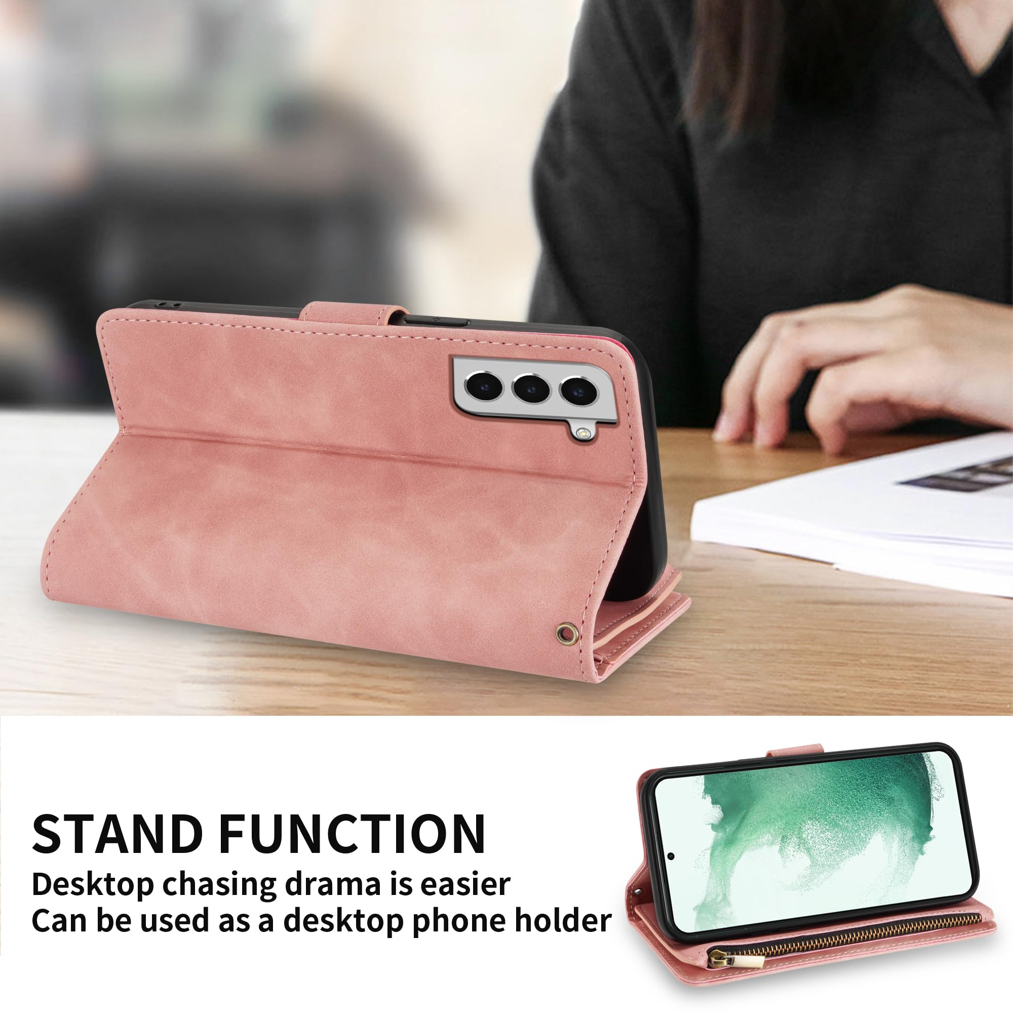 Premium Soft PU Leather Zipper Flip Wallet Case with Card Slot & Wrist Strap for Samsung Galaxy S22 Plus (6.6 Inch) - Protective Kickstand Folio Cover for Daily Use, Travel & Business (Pink)