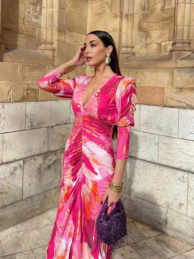 Vintage Tye Dye Print Pleated Bodycon Maxi Dress for Women - Long Sleeve V-Neck A-Line Party Dress - Perfect for Holiday Celebrations, Festivals, and Evening Events