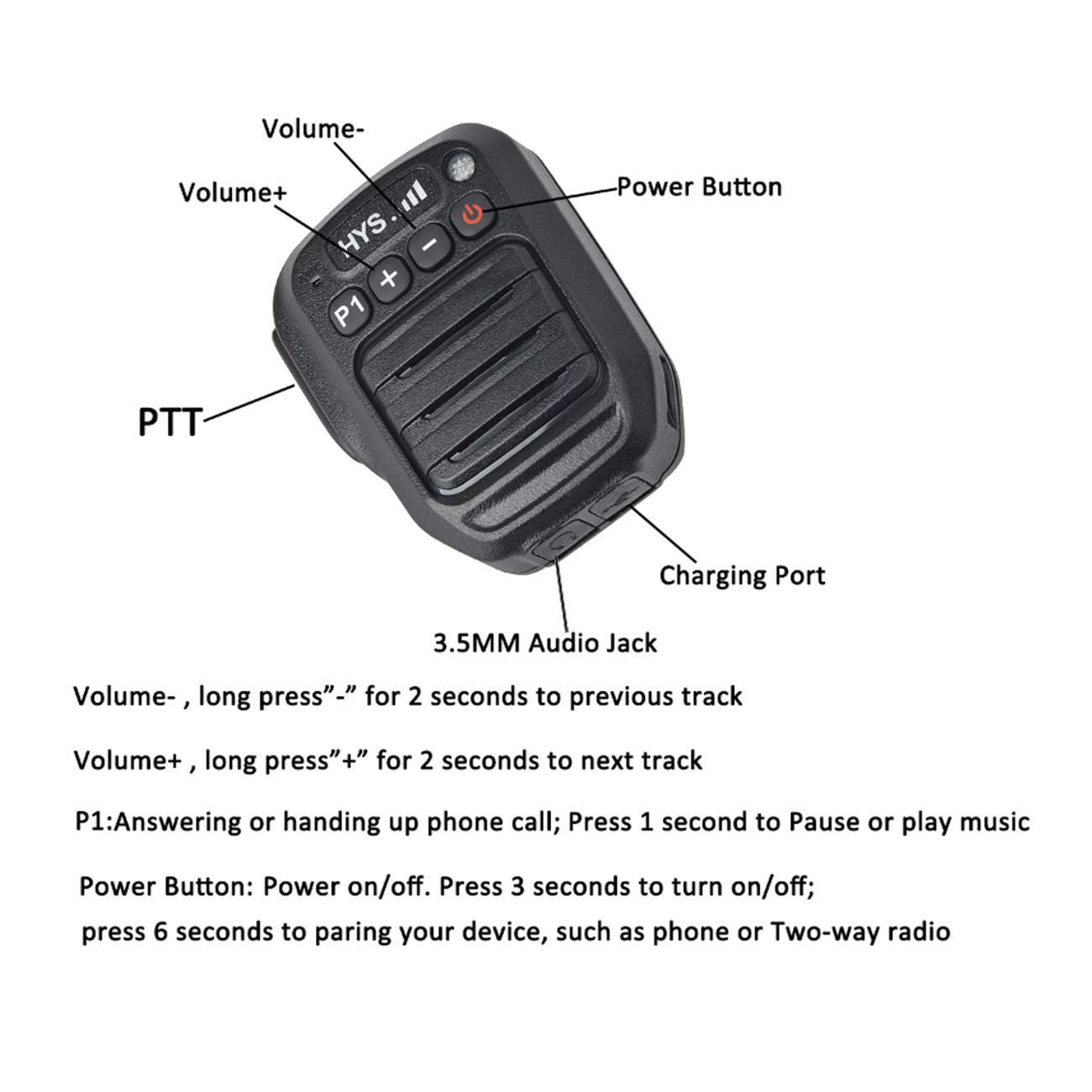 HYS Bluetooth Wireless Remote Speaker Microphone with 3.5mm Audio Jack - Compatible with Baofeng BF-888S, UV-5R, Retevis H-777, RT22, RT21, TYT, Wouxun, Kenwood 2pin Walkie Talkies - Perfect for Outdoor Adventures, Security, Construction & Emergency Communication