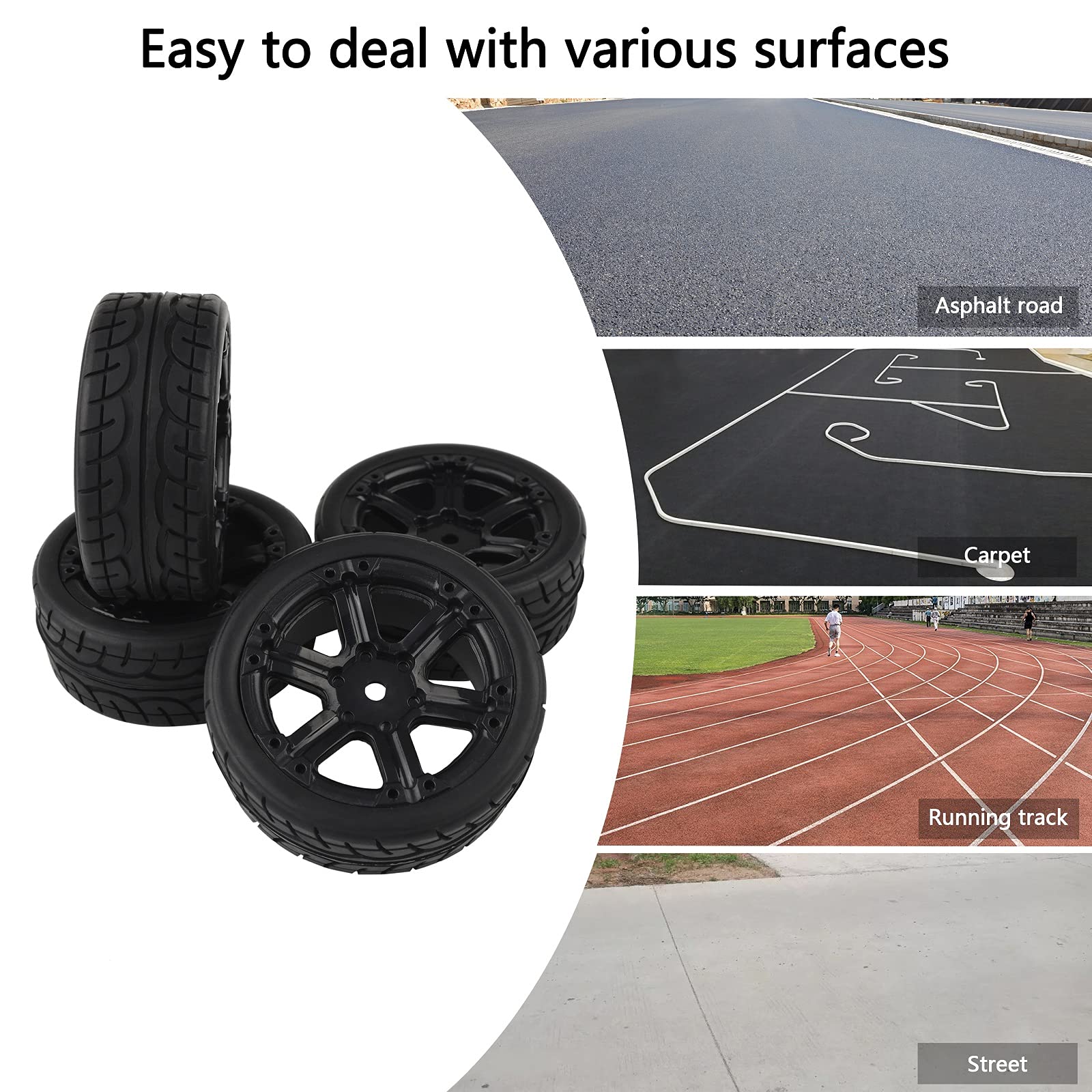 4PCS 1:10 Scale RC Car Tires - On Road Rubber Racing Wheels with 12mm Hex Rims - Compatible with Tamiya, Kyosho, 3Racing, HSP, HPI - Perfect for Drift Racing & Track Performance