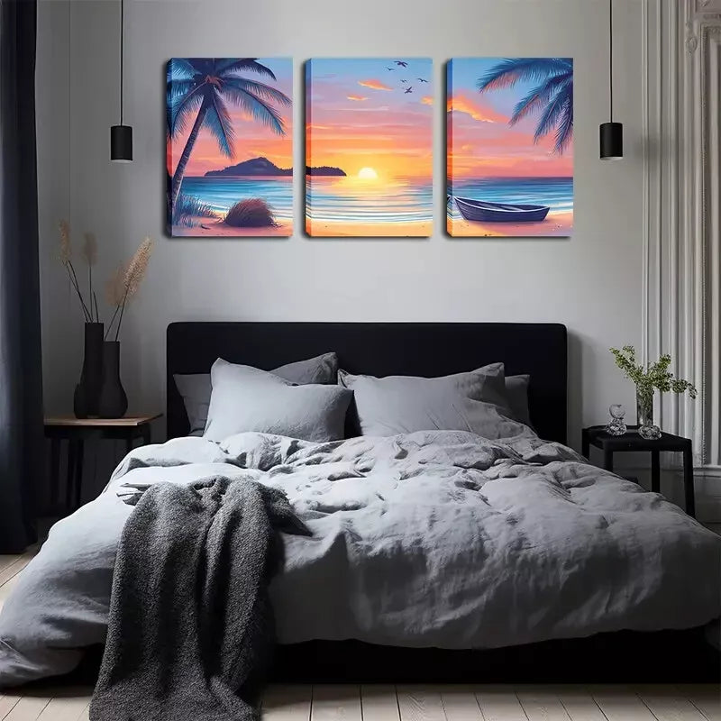 3-Piece Sunset Boat on Beach Wall Art Set - Framed Canvas 40x60cm (16x24in) - High Quality Australian Made Prints - Ready to Hang - Perfect for Living Room, Bedroom & Office Decor