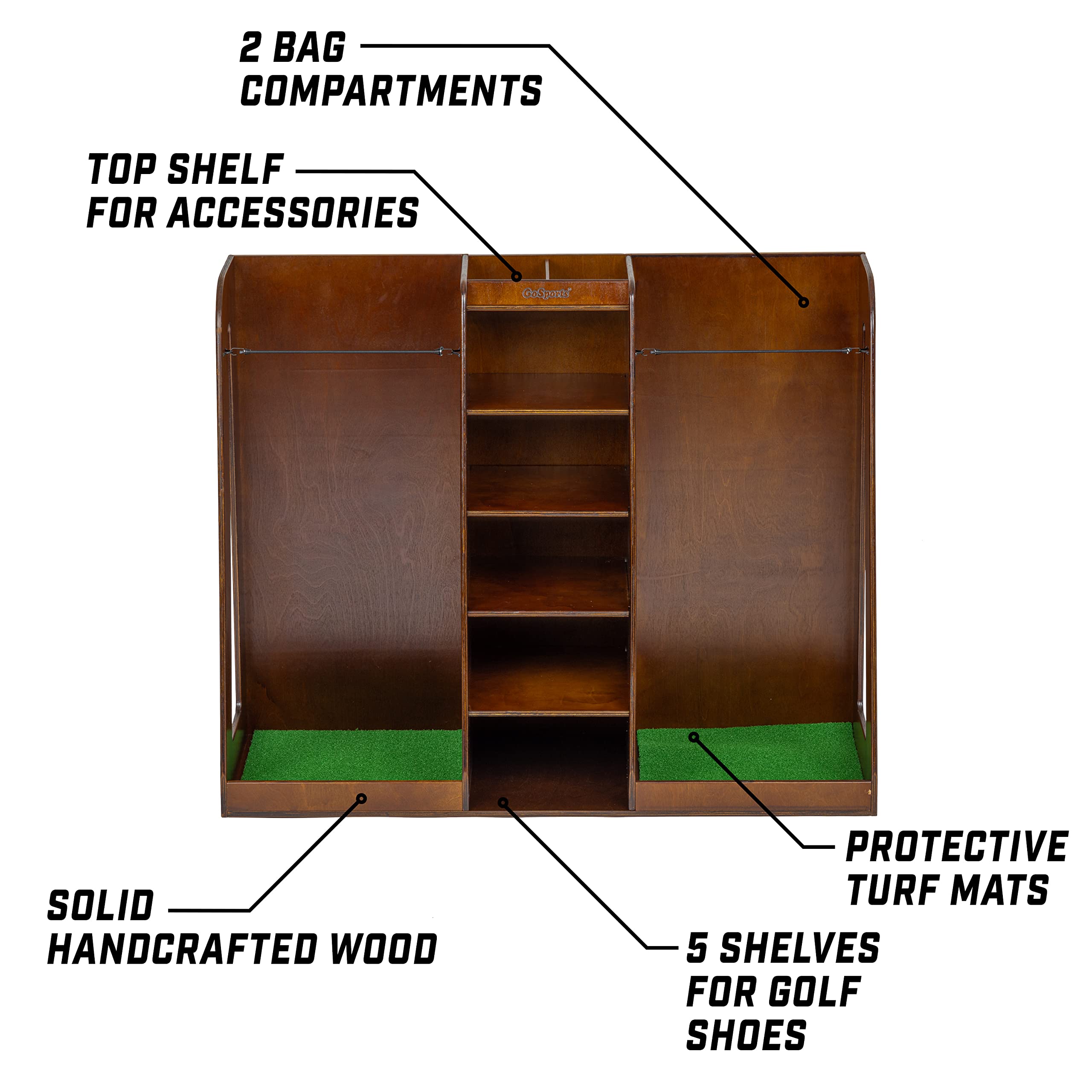 GoSports Premium Wooden Golf Bag Organizer & Storage Rack - Holds 2 Golf Bags - Black/White/Brown Finish - Perfect for Garage, Basement & Clubhouse Organization