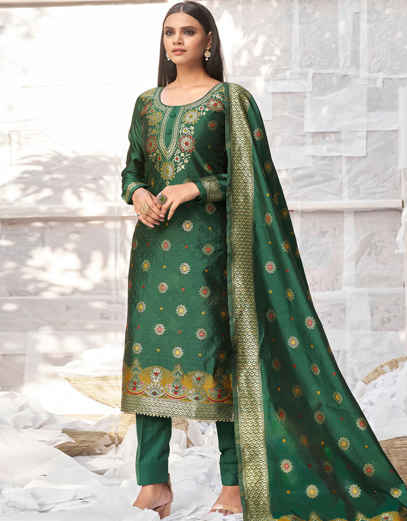 Banarasi Jacquard Green Salwar Kameez Suit with Churidar Bottom - Elegant Indian Ethnic Wear for Weddings & Festivals