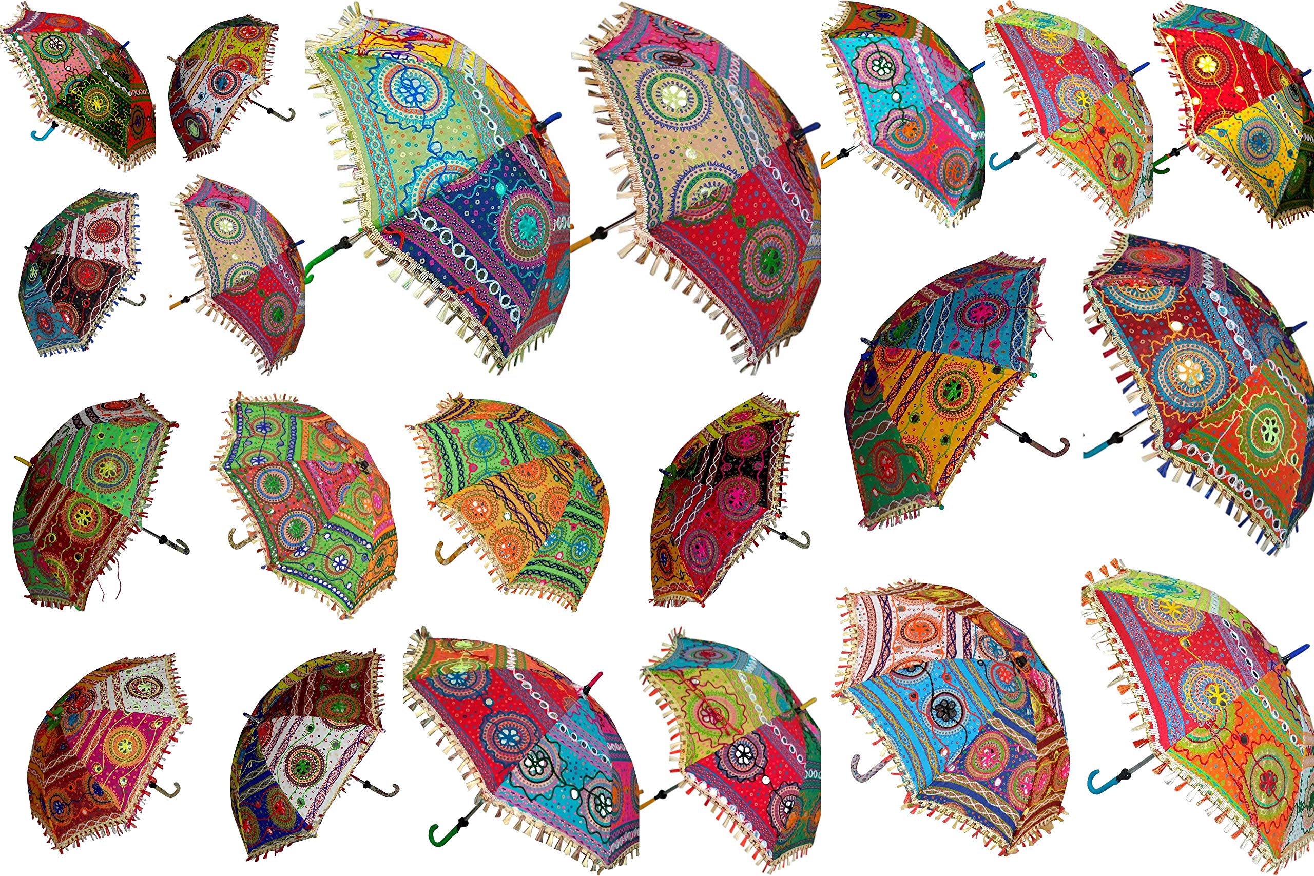 15 Pcs Handmade Indian Wedding Umbrellas - Vintage Embroidery Cotton Parasols with Mirror Work for Wedding Decor, Party, and Home Decoration
