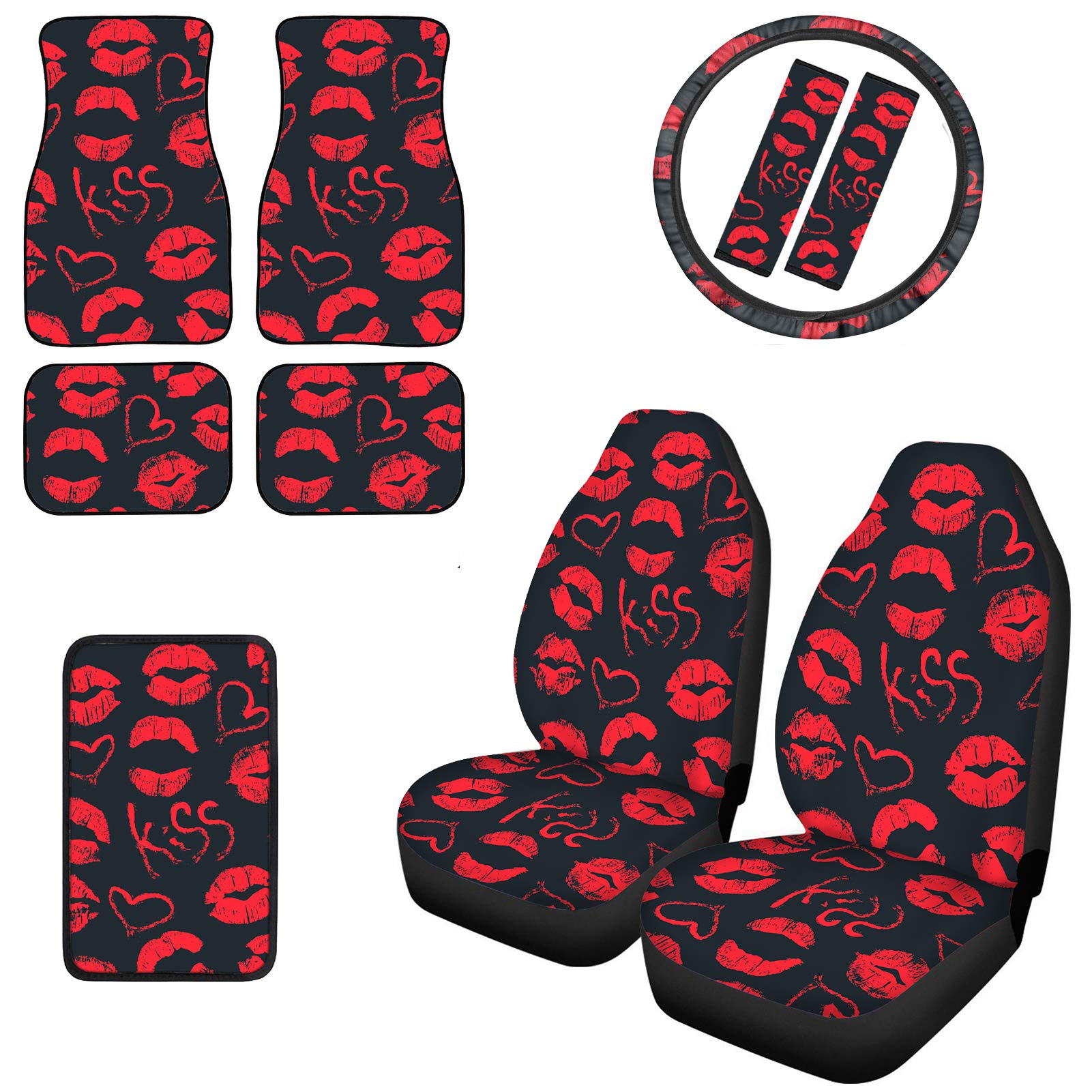 ELEQIN Red Lip Car Seat Covers + Neoprene Steering Wheel Wrap + Armrest Protector Cushion + Seat Belt Pads - Sweet Kiss Design Universal Car Accessories for Women, Couples & Valentine's Day Gifts