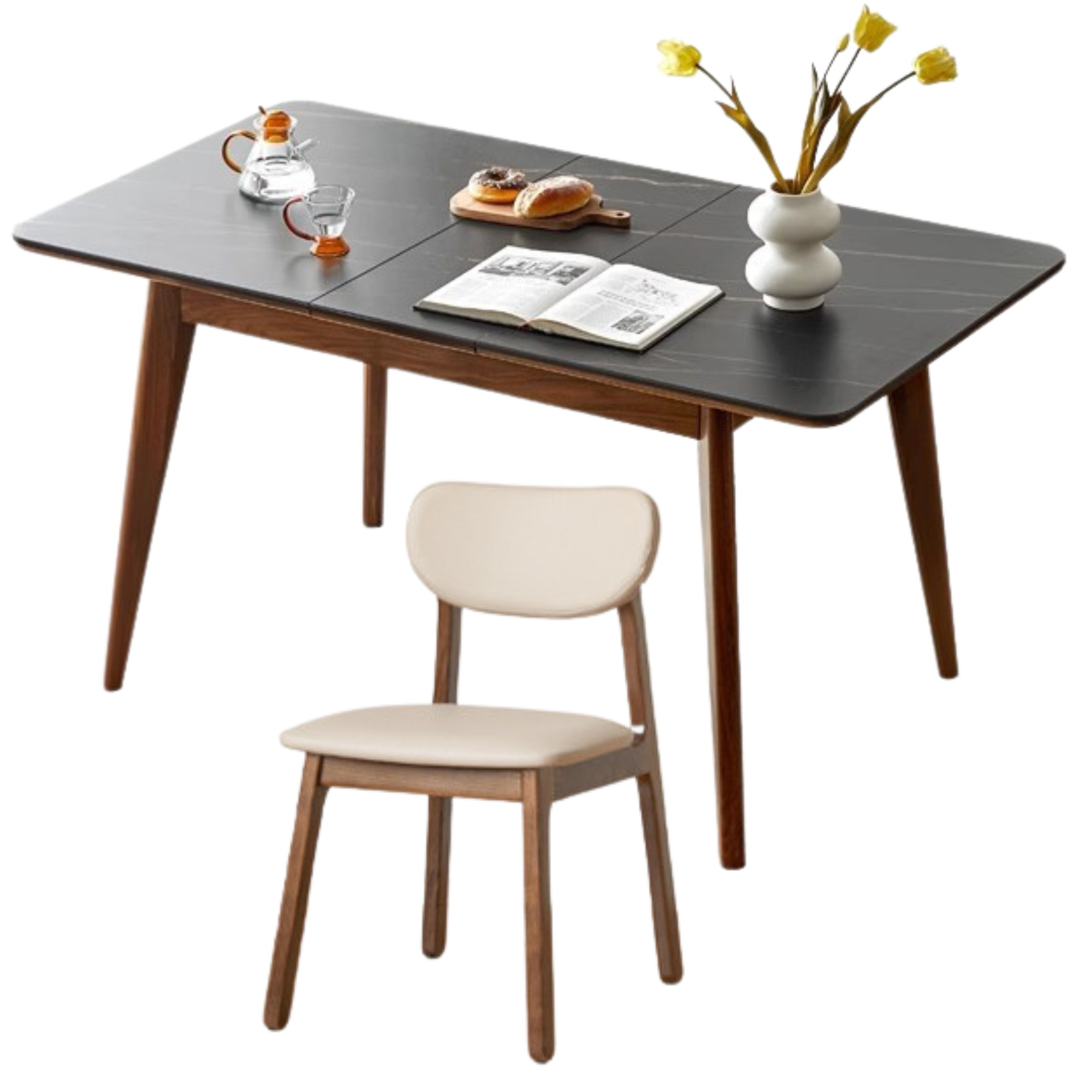 Premium Black Walnut & Ash Solid Wood Extendable Dining Table - Expandable Rock Slab Design for Modern Farmhouse, Rustic Kitchen & Open Concept Dining Rooms