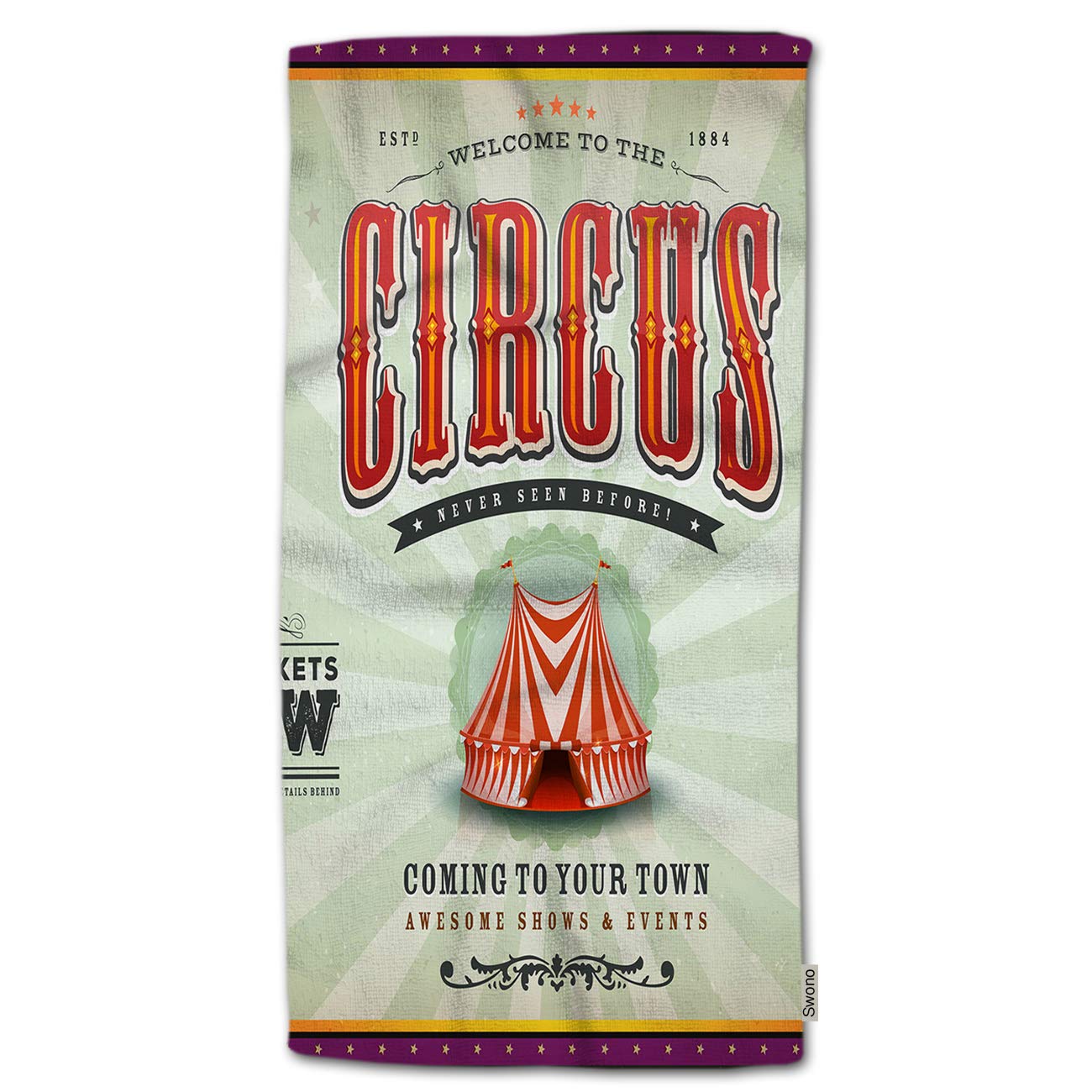 Vintage Circus Poster Hand Towel - Soft Polyester Kitchen & Bath Towel with White & Green Sunbeam Floral Design - 30x15 Inches for Home, Gym, Spa, Hotel - Perfect for Bathroom, Kitchen, Face & Hand Drying