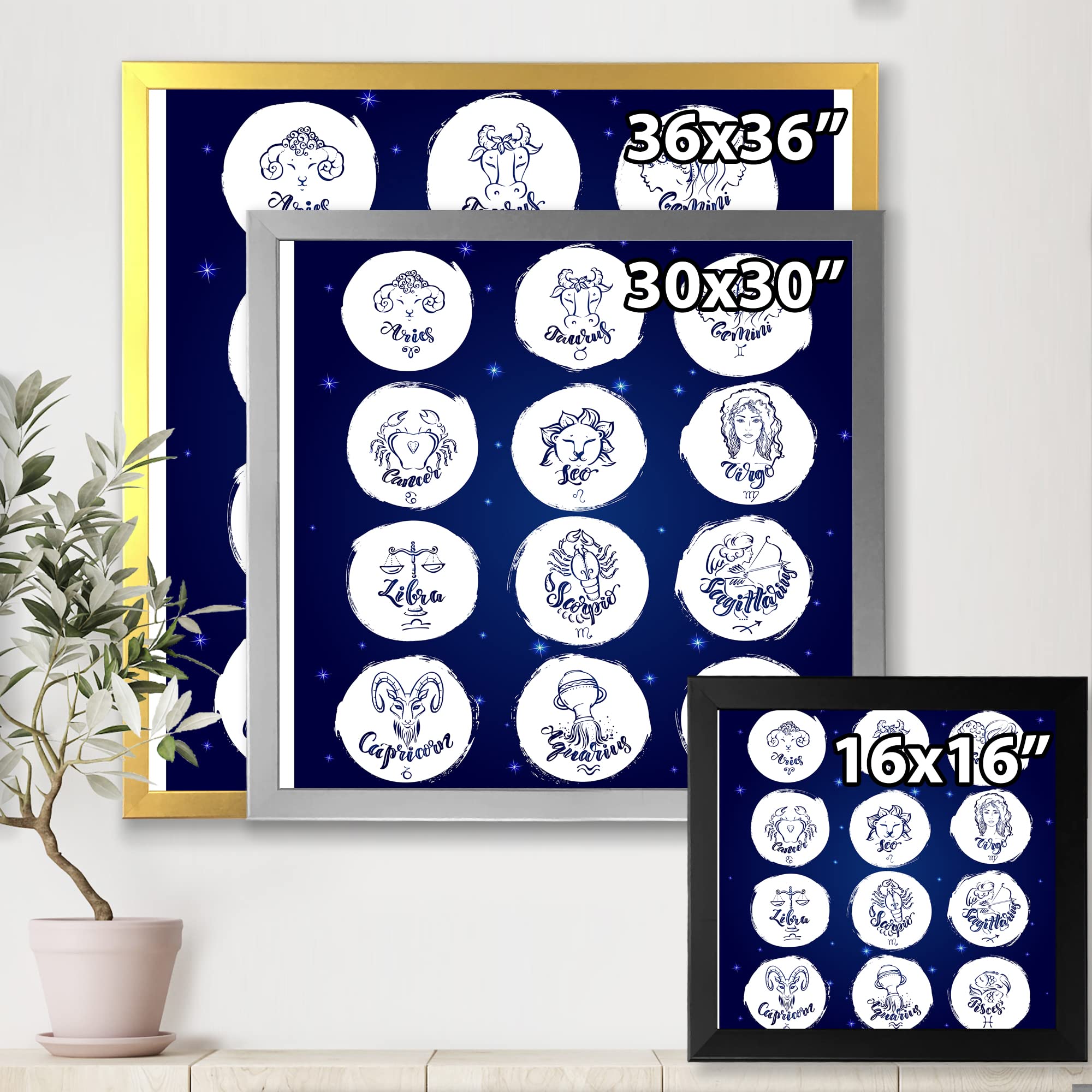 DesignQ Zodiac Signs Blue Modern Framed Wall Art - Perfect for Home Decor, Office & Gift Giving