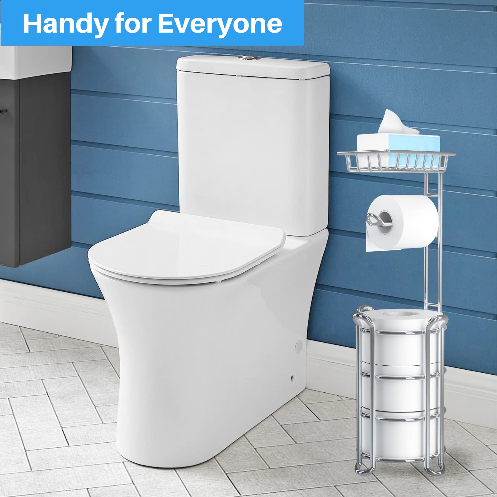 Free Standing Toilet Paper Holder with Shelf for Phone - Chrome Bathroom Tissue Roll Storage Rack Holds 4 Mega Rolls | Perfect for Small Bathrooms, Powder Rooms & Vanity Organization