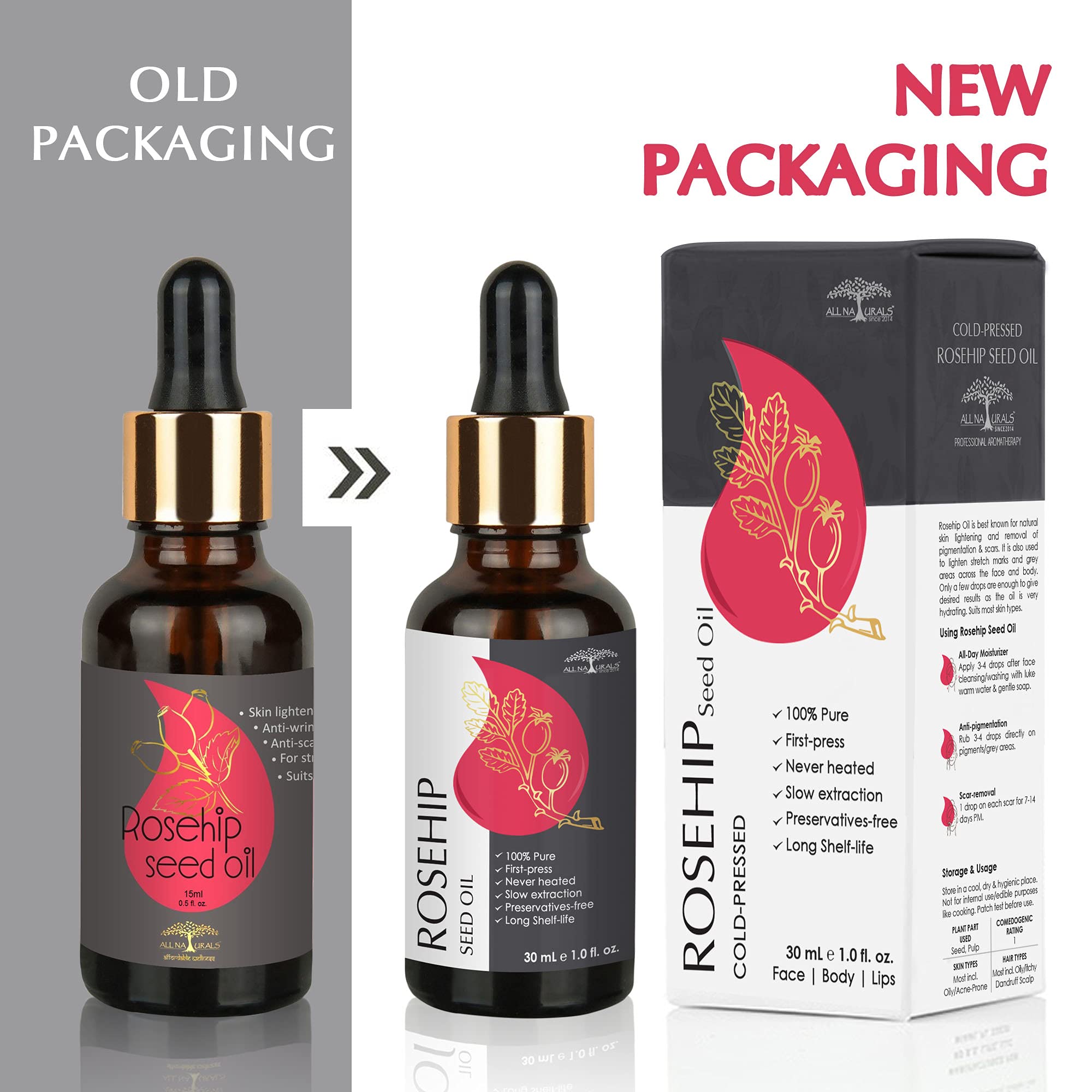 Pure Cold-Pressed Rosehip Seed Oil 30ml - Undiluted & Natural Carrier Oil for Skin Lightening, Pigmentation, Stretch Marks, Acne Scars & Anti-Aging | Hydrates & Rejuvenates Face, Body & Hair | Perfect for DIY Skincare, Massage & Aromatherapy