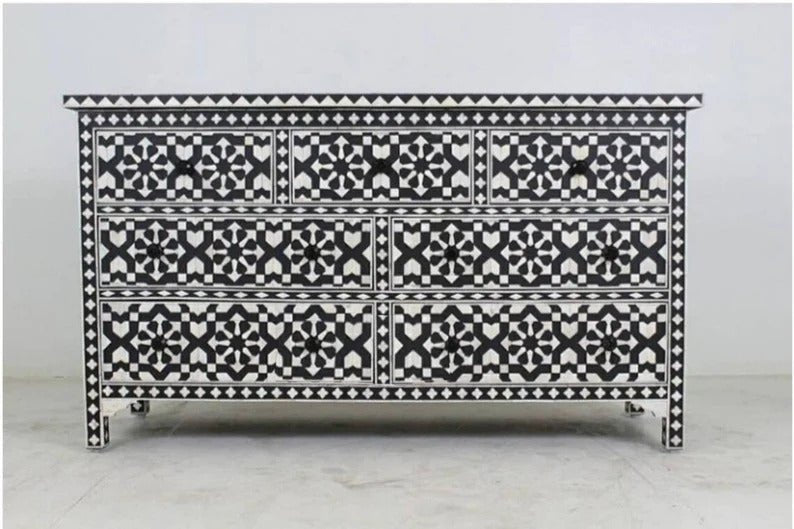 Handmade Bone Inlay 7-Drawer Dresser - Vintage Boho Bedroom & Living Room Furniture for Home Decor | Perfect for Storage, Organization & Stylish Interior Design