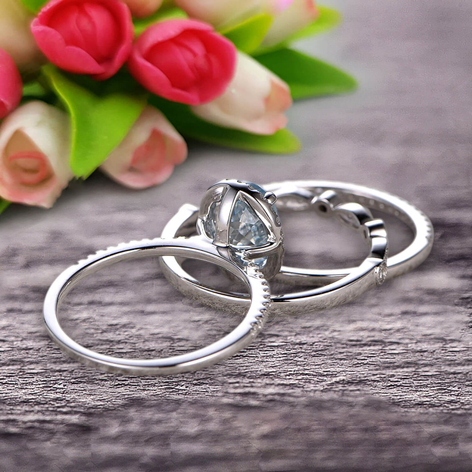 2 Carat Oval Cut Aquamarine Ring - 10k White Gold Vintage Engagement & Wedding Anniversary Jewelry Set with Matching Band - Perfect for Proposals, Bridal Jewelry & Special Occasions