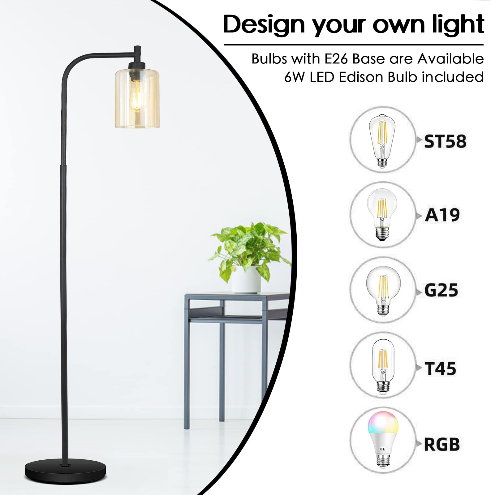 Modern Industrial Floor Lamp with Gold Glass Shade - 6W LED Bulb Included, Adjustable Standing Lamp with Foot Switch - Bright Lighting for Living Room, Bedroom & Office - Perfect for Reading, Working & Relaxing