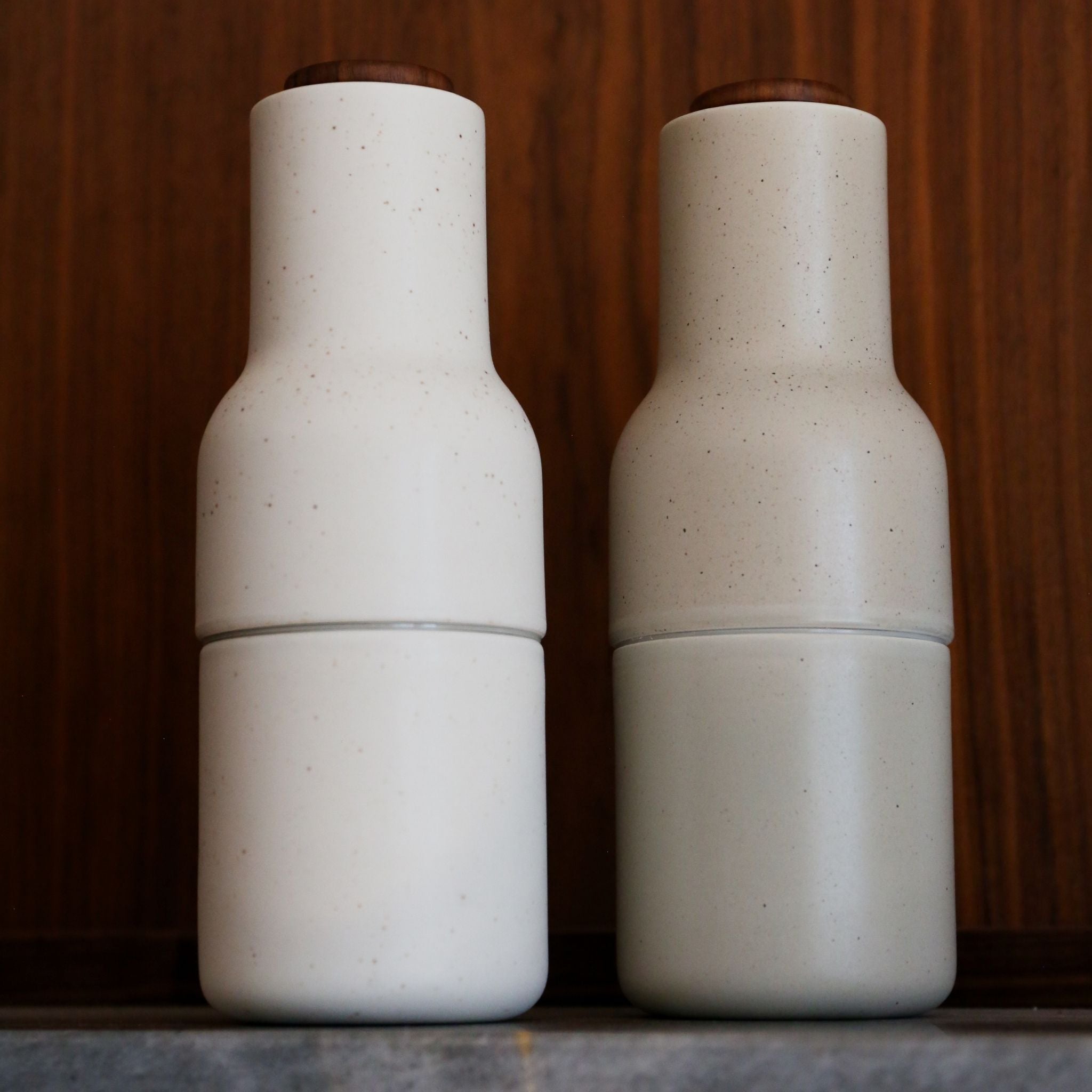 Premium Ceramic Salt and Pepper Grinder Set with Walnut Lid - Adjustable Coarseness, Refillable Spice Bottles for Kitchen, Dining Table & Gourmet Cooking