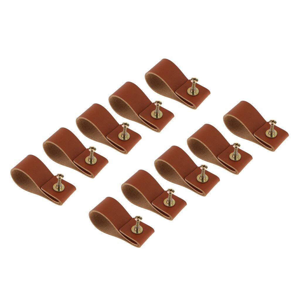 Minimalist Leather Cabinet Pulls - 10 Pack Single Hole Handles for Drawers & Doors | Handmade Loop Pulls for Kitchen Cabinets, Dressers & Furniture (Brown)