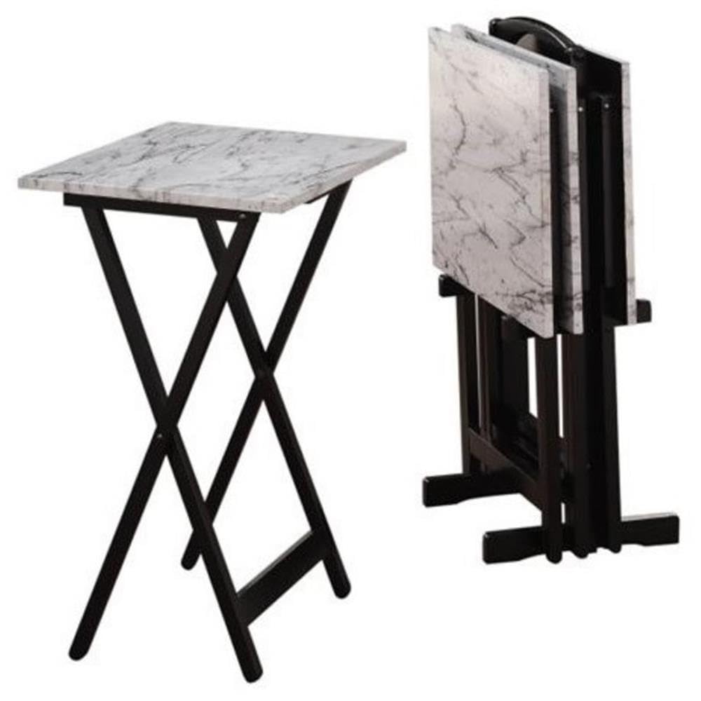 Pemberly Row 5-Piece Marble Folding Tray Table Set with Stand in White and Black - Perfect for Living Room, Bedroom, or Outdoor Entertaining