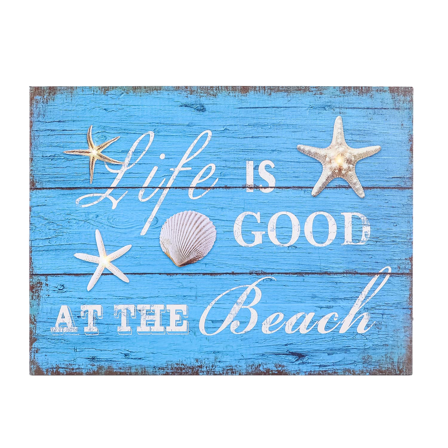 SOFFEE DESIGN Summer Sea LED Canvas Print - Starfish & Seashell Wall Art for Bathroom & Kitchen Decor - Wooden Framed Beach Photography - Life is Good at The Beach - Sea Blue Coastal Home Decor - Perfect for Beach House, Bathroom, Living Room & Bedroom Wall Art