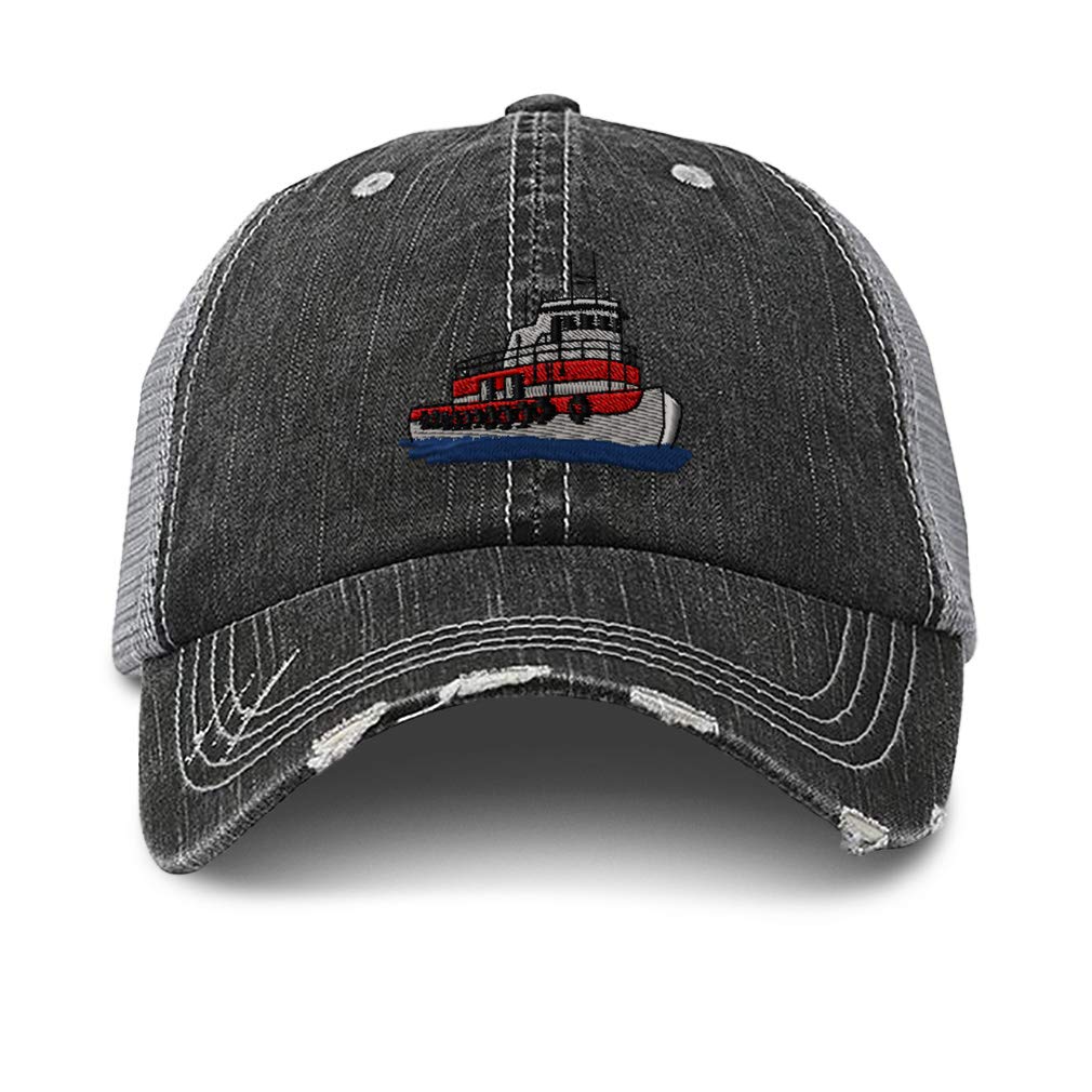 Custom Distressed Trucker Hat with Tug Boat Embroidery - Breathable Cotton Snapback for Men & Women - Perfect for Outdoor Activities, Fishing & Casual Wear