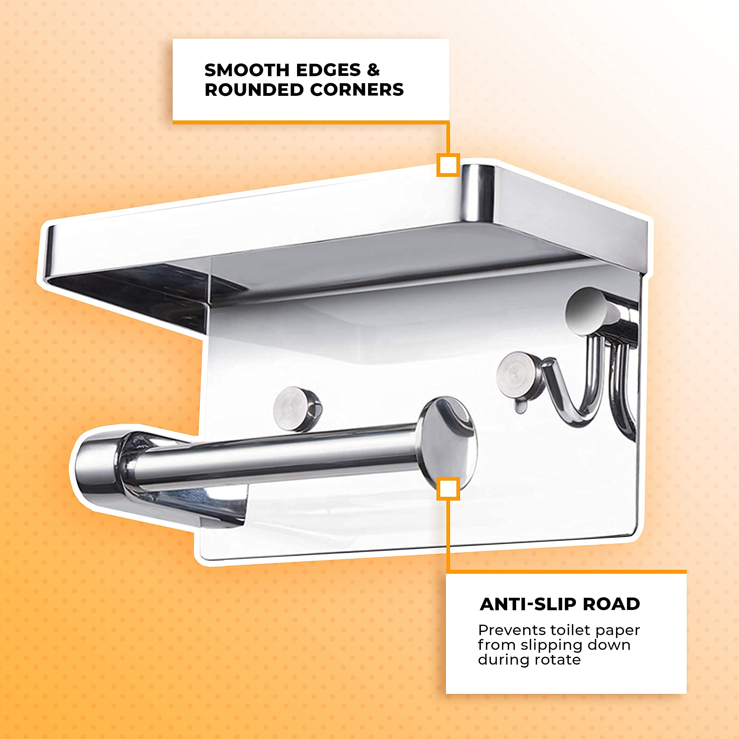 Stainless Steel Toilet Paper Holder with Phone Shelf - 304 Silver Wall Mounted Bathroom Organizer for Toilet Rolls & Wipes - Perfect for Modern Bathrooms, Small Spaces & Convenient Phone Storage