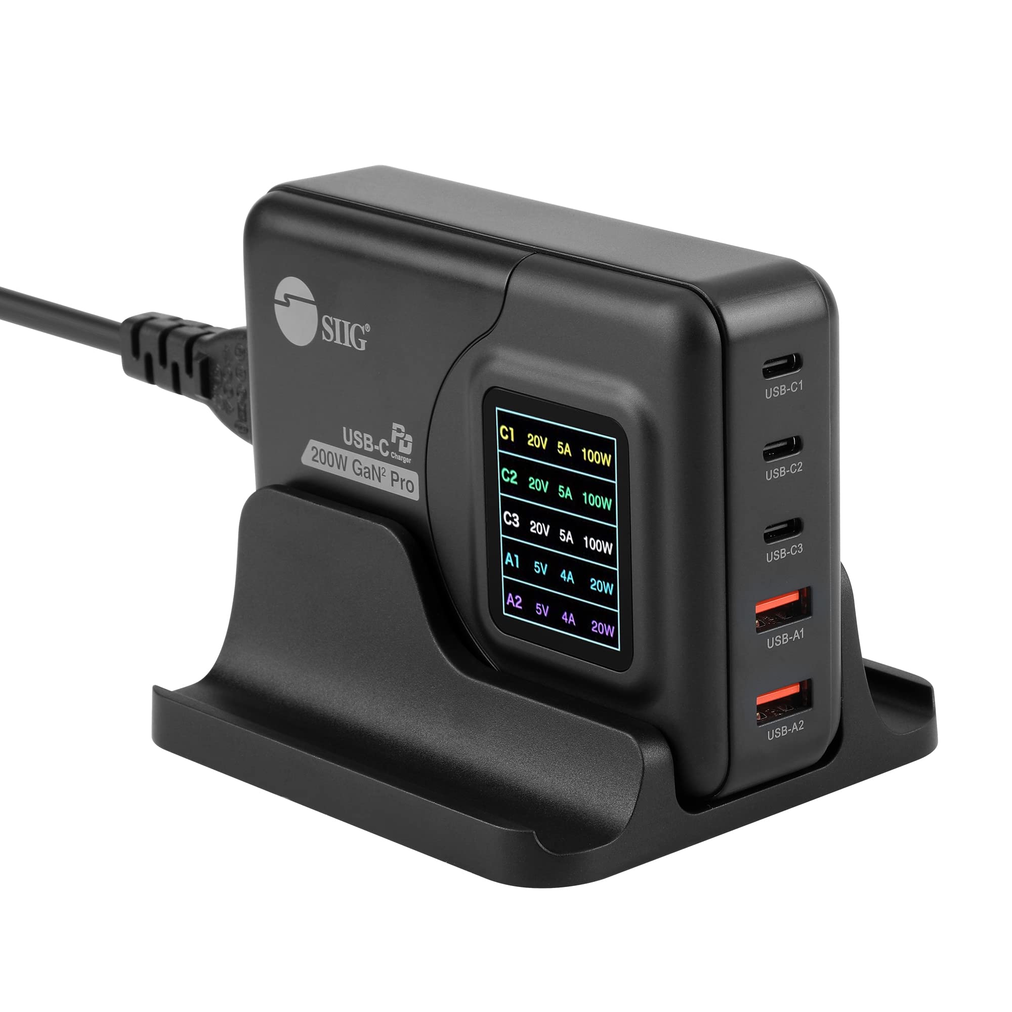 SIIG 200W USB-C 5-Port PD GaN Fast Charger with LCD Display - 3 USB-C & 2 USB-A Ports - PD 3.1/QC 3.0 Compatible with MacBook Pro/Air, iPad, iPhone 14/13/12 Pro Max, Galaxy Note, Pixel - Perfect for Home, Office & Travel Charging (AC-PW1Y11-S1)