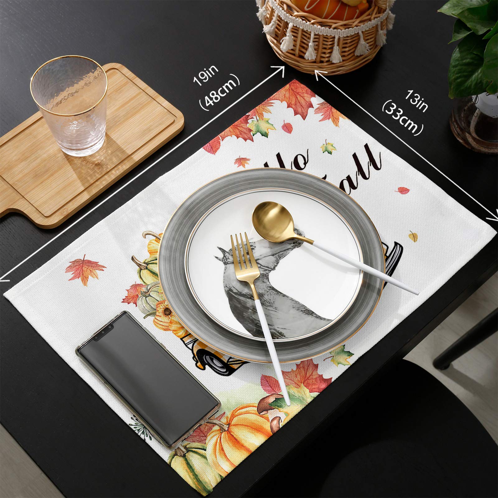 6-Piece Thanksgiving Table Runner Set - Non-Slip Placemats & Decorative Table Runner (16x72 inches) for Coffee Table, Kitchen, TV Stand - Fall Maple Pumpkin Truck Design - Perfect for Autumn Decor & Holiday Gatherings