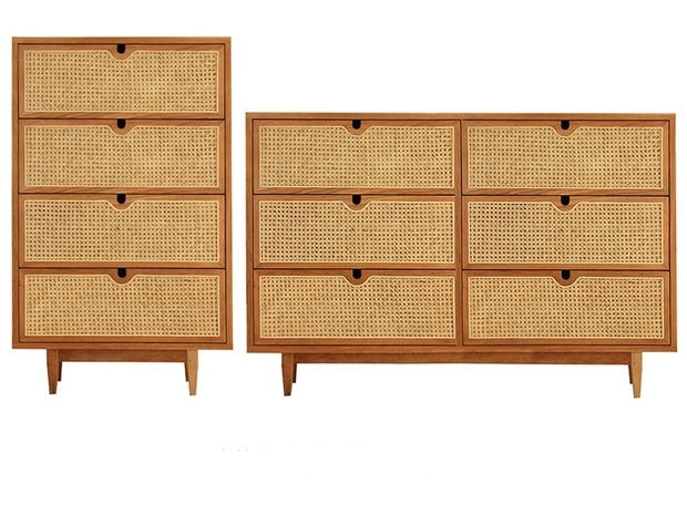 Japanese Style Dakota RITZ Chest of Drawers - Solid Wood Rattan Cabinet in Walnut & Cherry Finish | Perfect for Bedroom, Living Room, or Home Office Storage